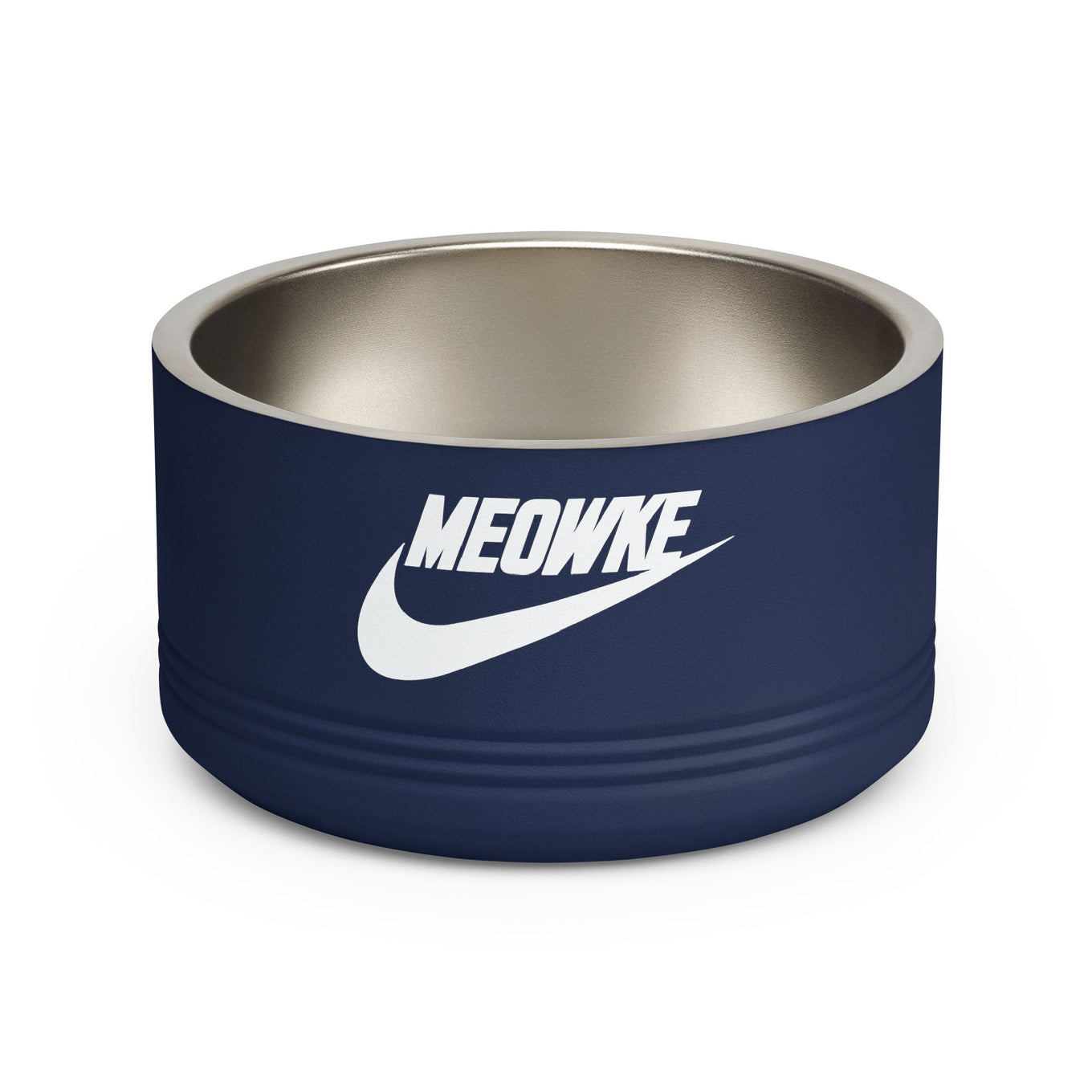 Navy blue designer cat bowl with MEOWKE logo on a white background