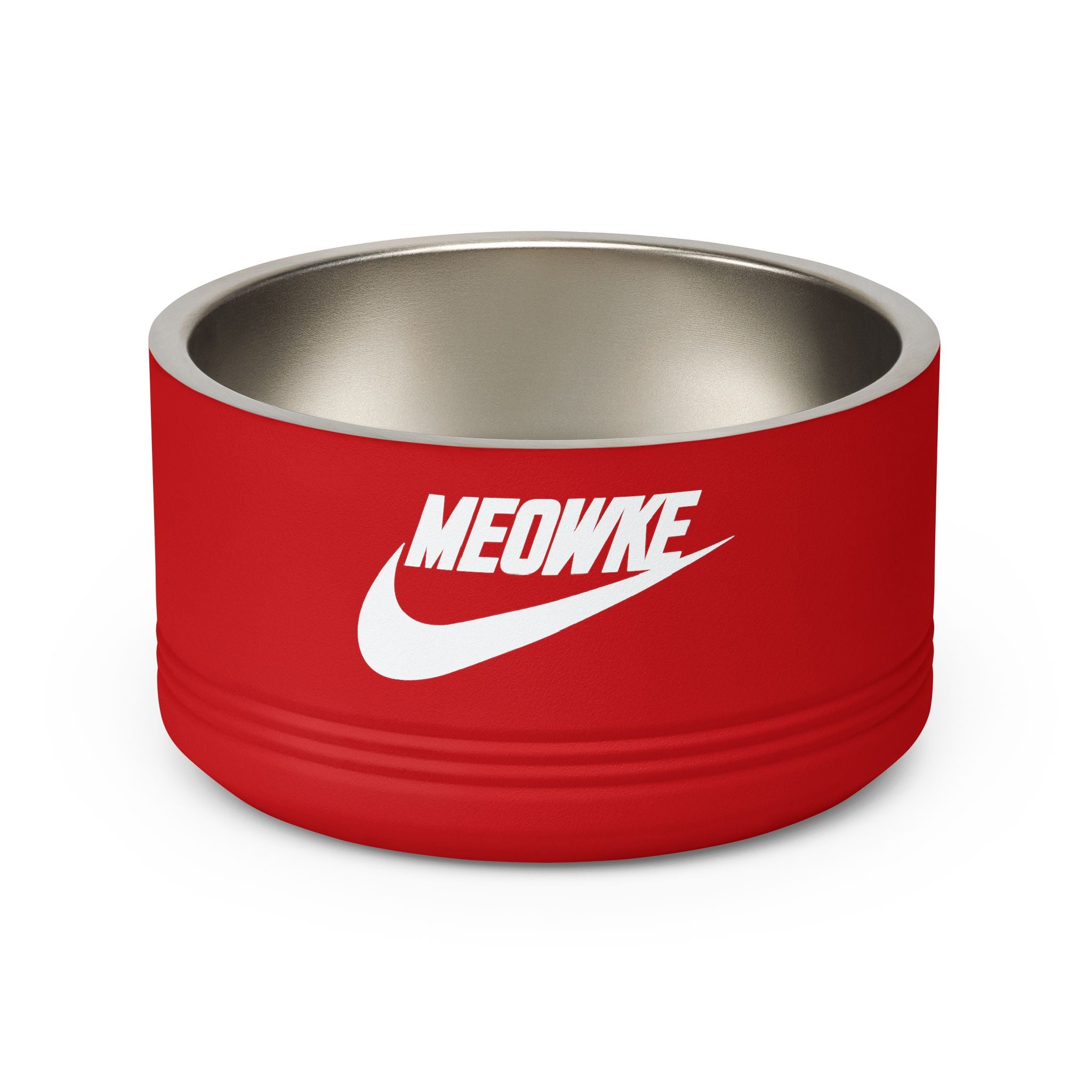 Meowke Logo Stainless Steel Cat Bowl in red, front view