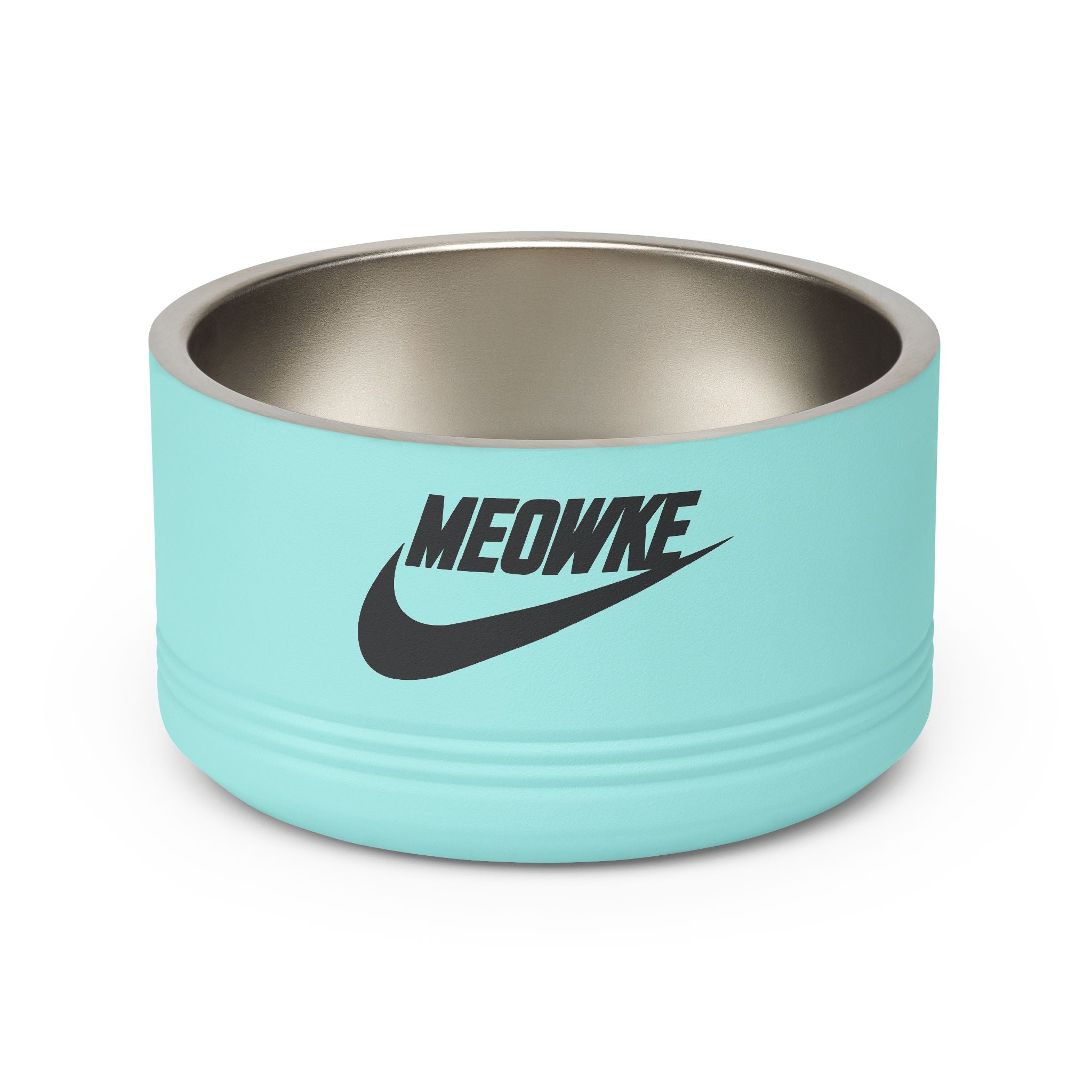Meowke Logo Stainless Steel Cat Bowl in teal, front view