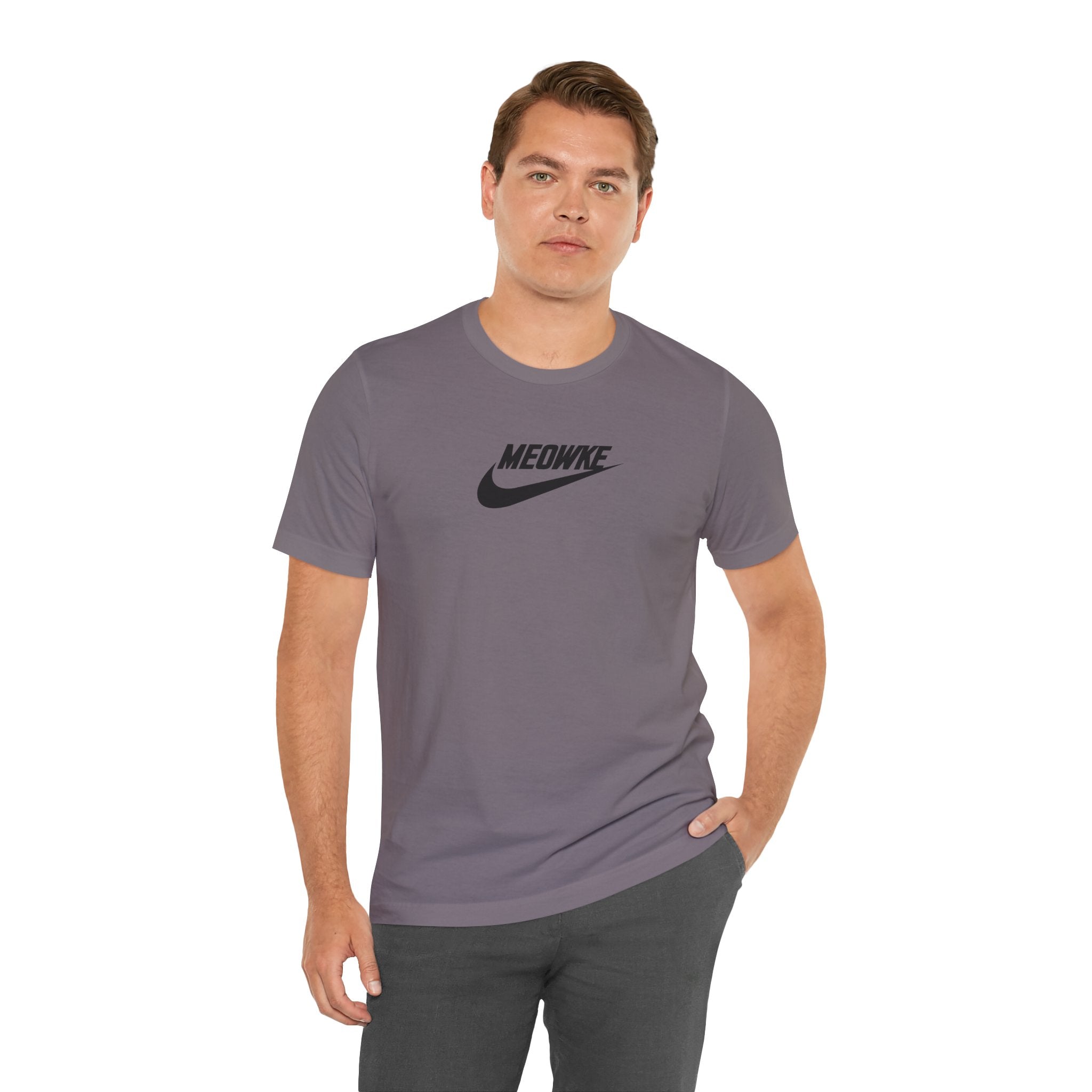 Meowke Essentials Chest Logo T-Shirt in storm, worn by a male model