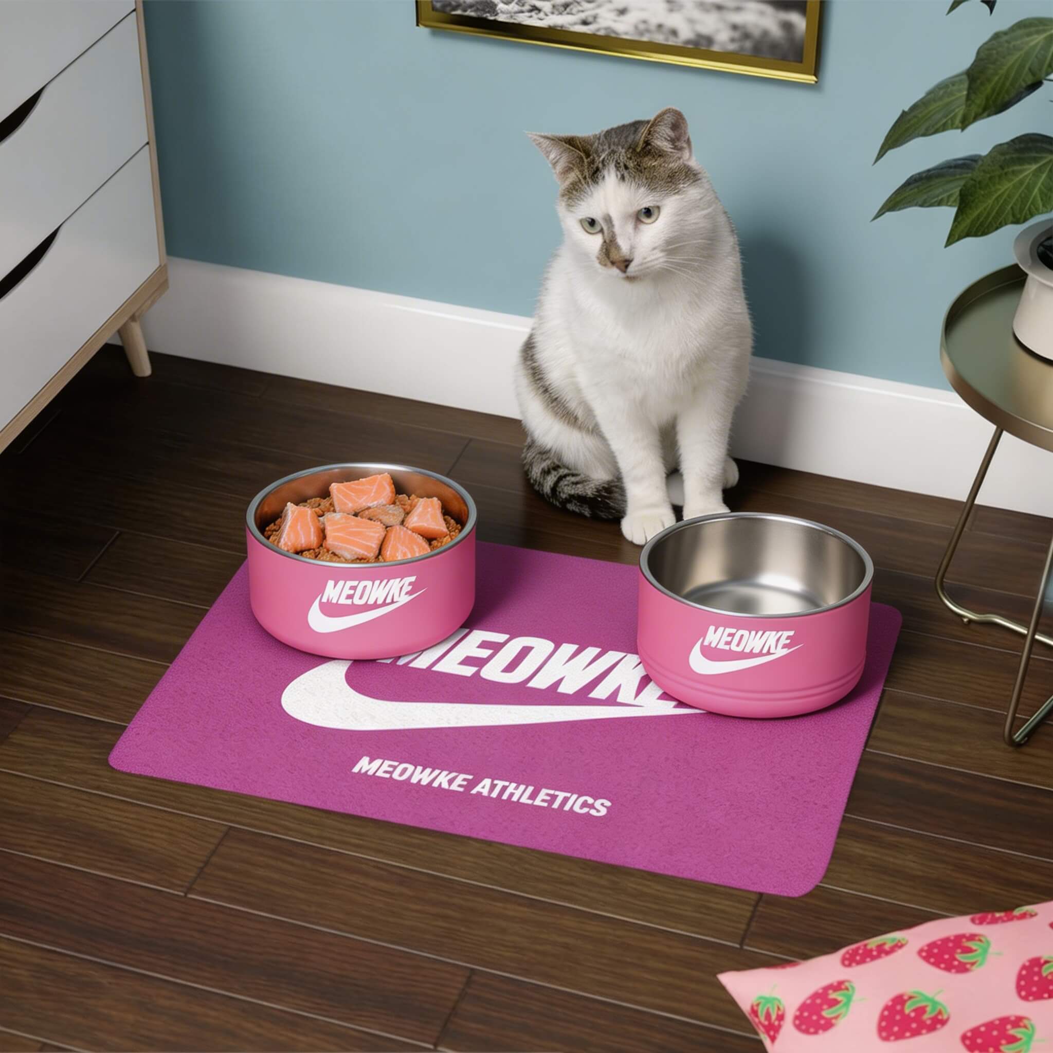 Meowke Logo Stainless Steel Cat Bowl in pink, with a cat, on the Meowke Athletics Designer Cat Feeding Mat