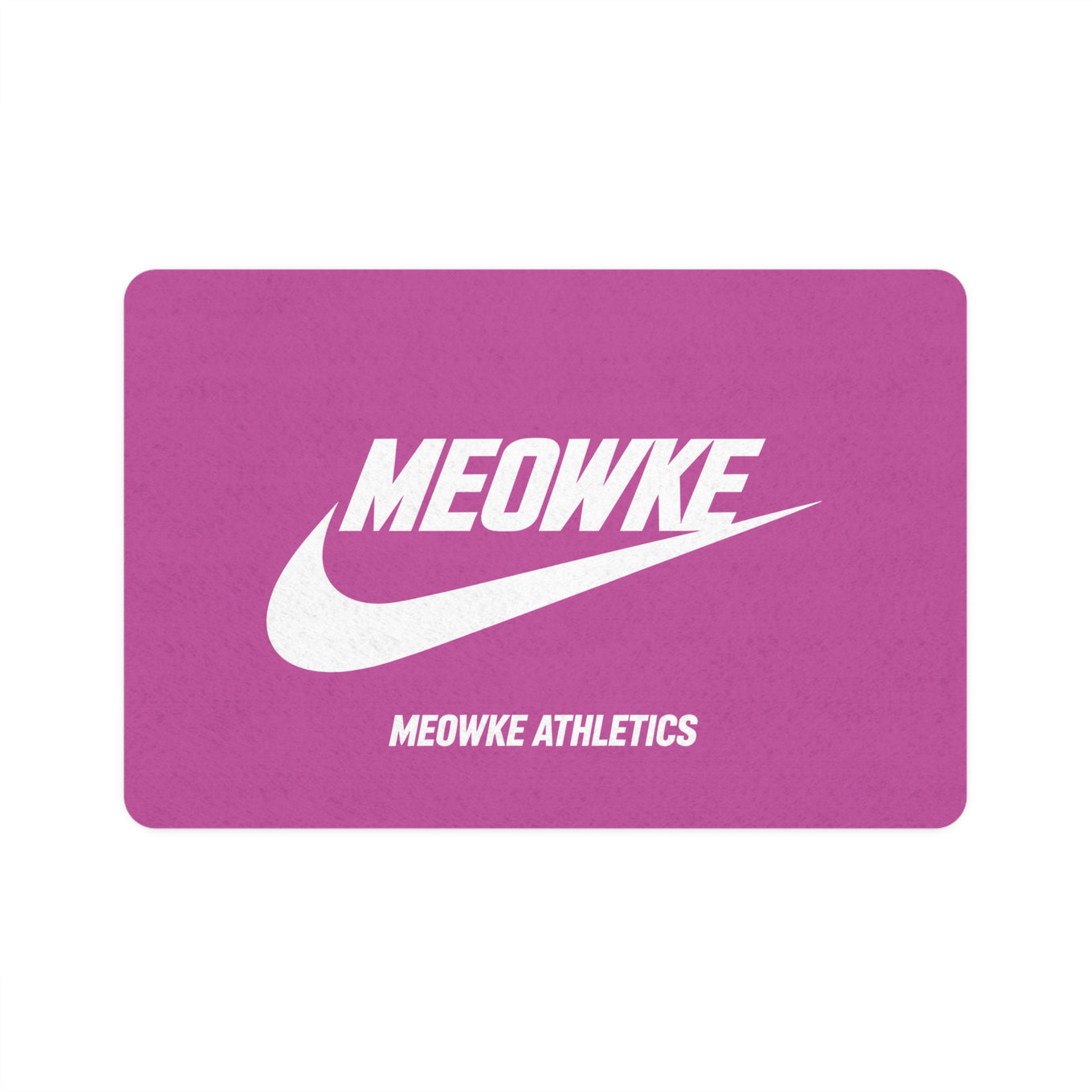 Meowke Athletics pink pet feeding mat with bold white logo by Mad Cat Cartel