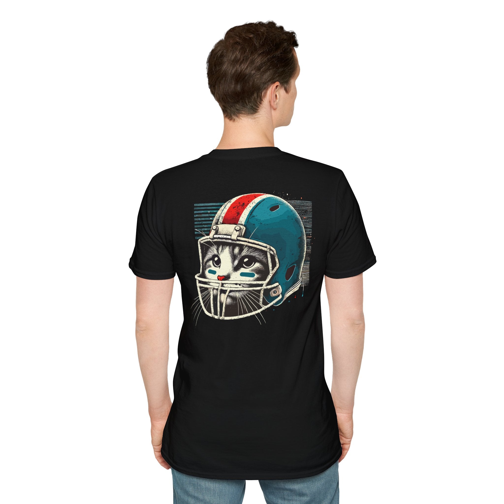 Meowke Quartercat All-Star Helmet Graphic T-Shirt in black, back view on a male model