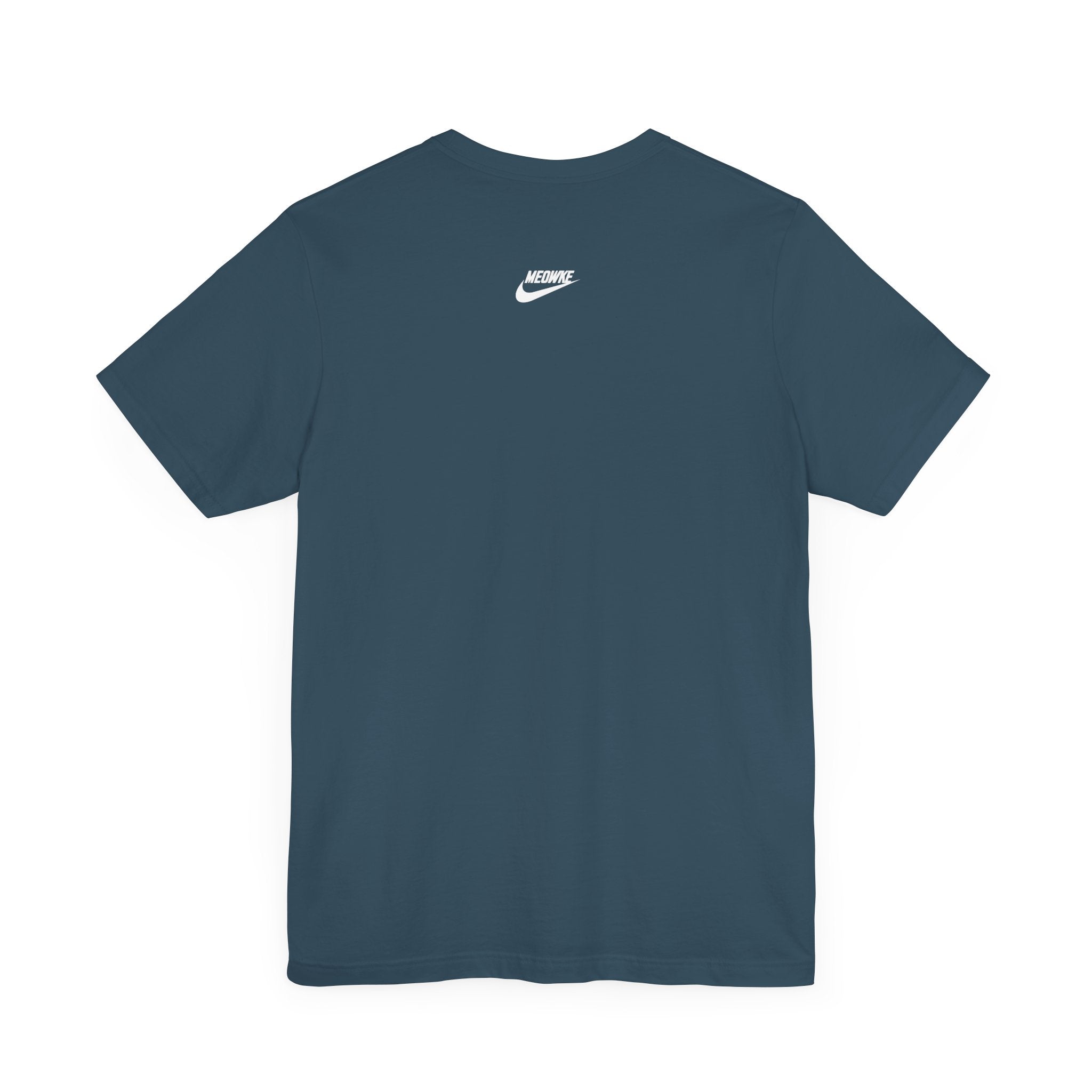 Meowke Swoosh Cat Bottle Funny Graphic T-Shirt in deep teal, back view