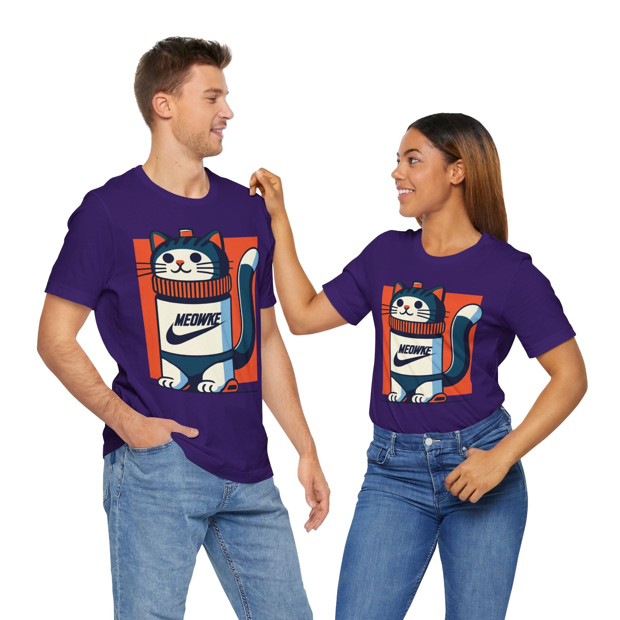 Meowke Swoosh Cat Bottle Funny Graphic T-Shirt in team purple, worn by two models