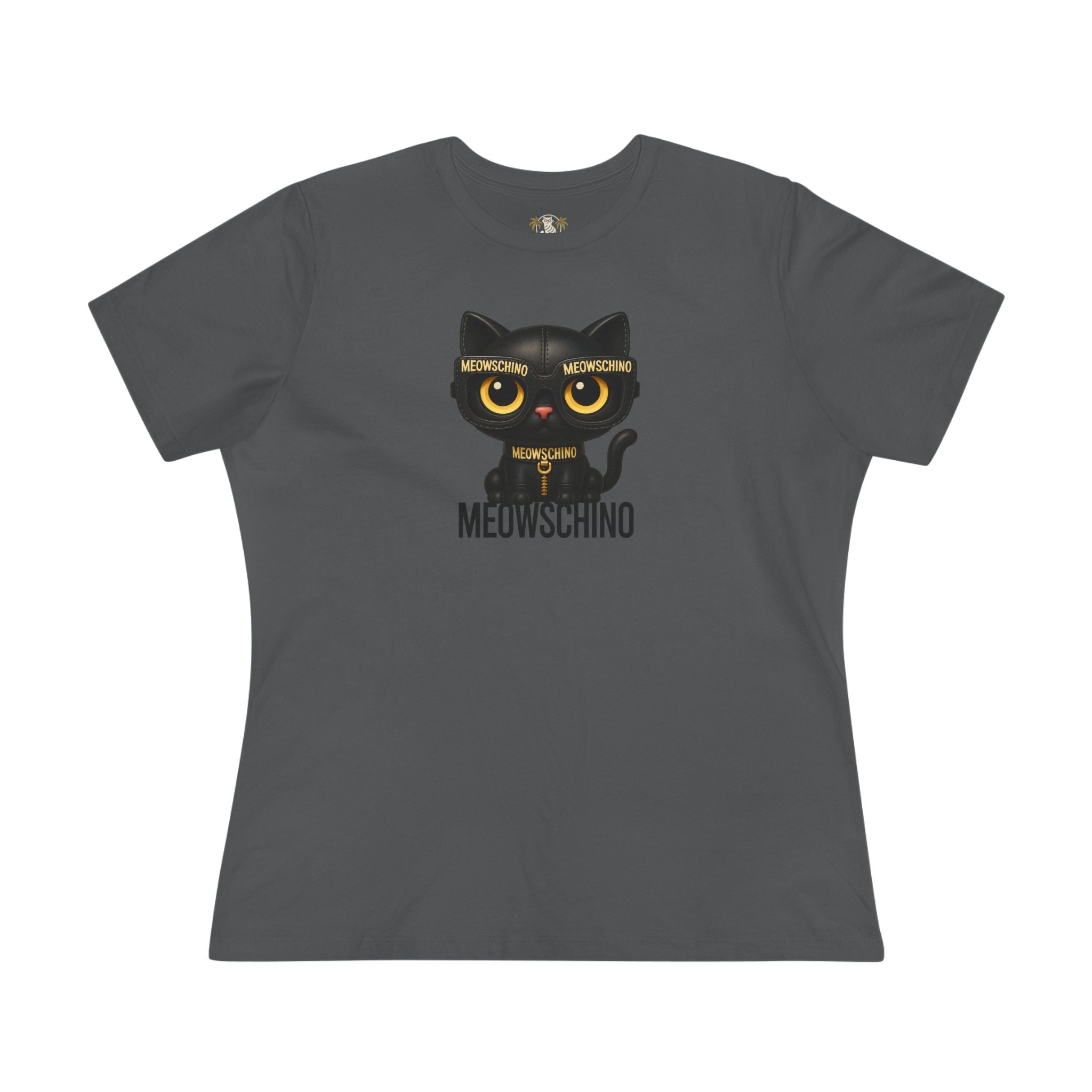 Meowschino Black Leather Cat Graphic Women's T-Shirt in asphalt, front view