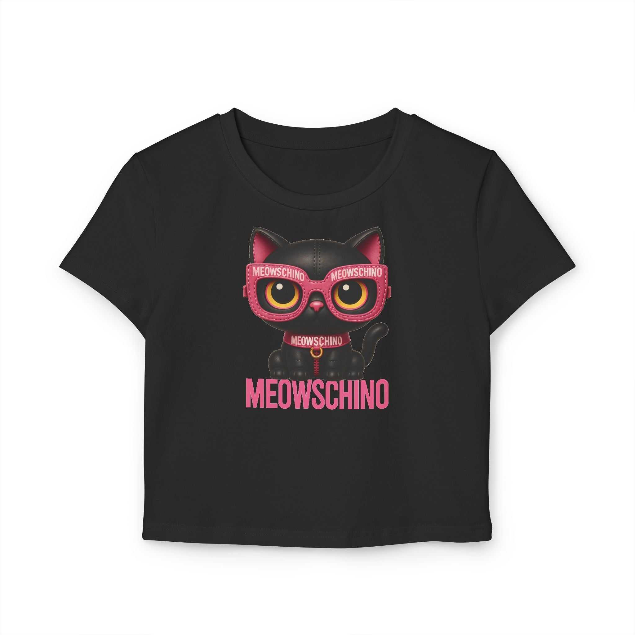 Meowschino Pink Leather Cat Graphic Women's Baby Tee in black, front view