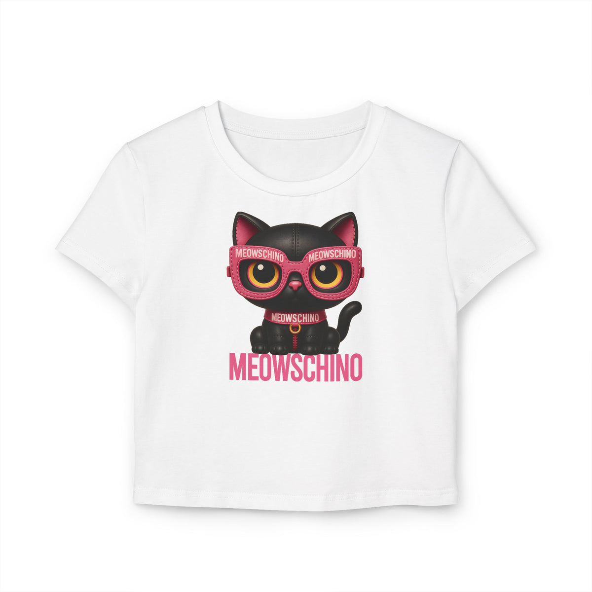 Meowschino Pink Leather Cat Graphic Women's Baby Tee in white, front view
