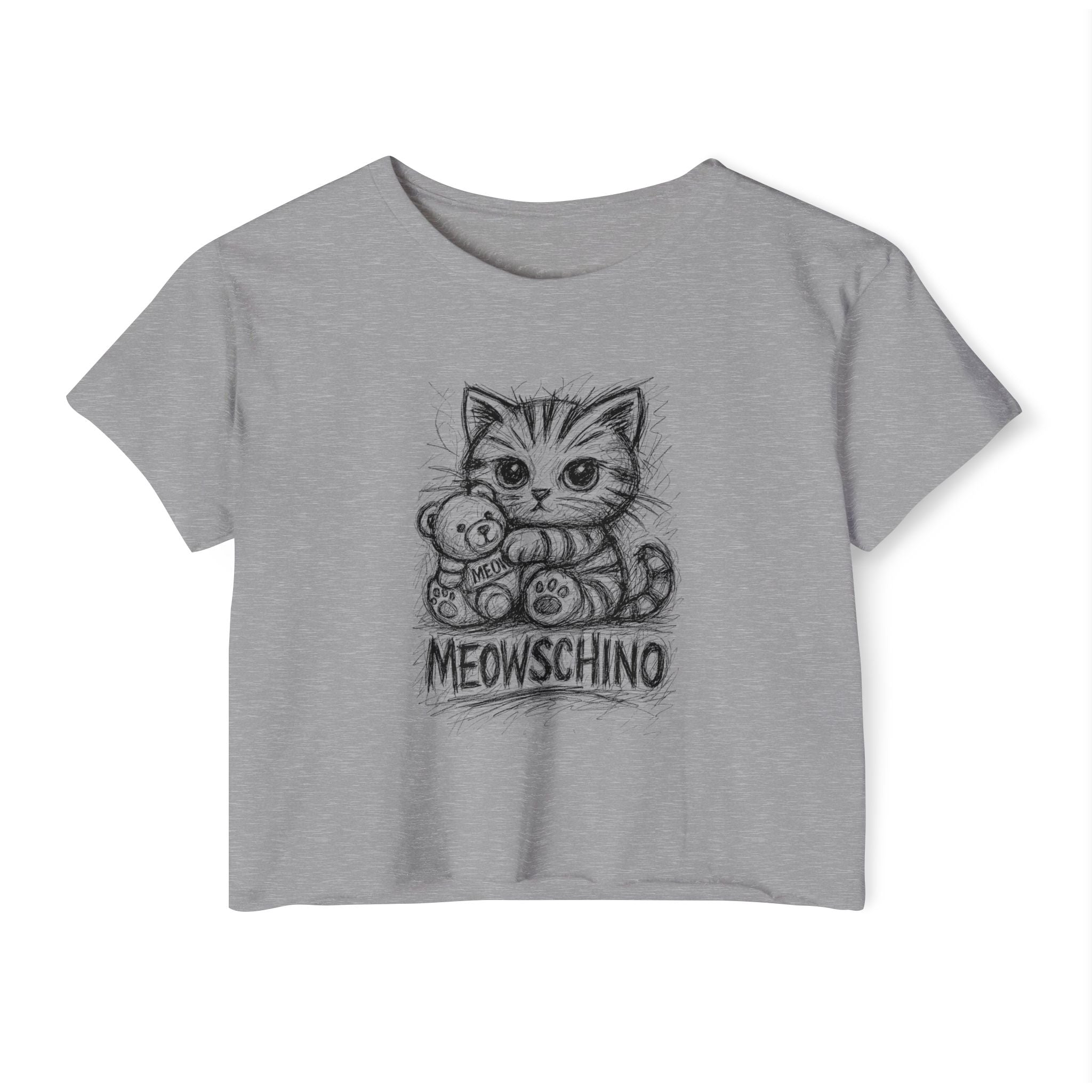 Meowschino Sketch Teddy Cat Women's Festival Crop Top in heather grey, front view