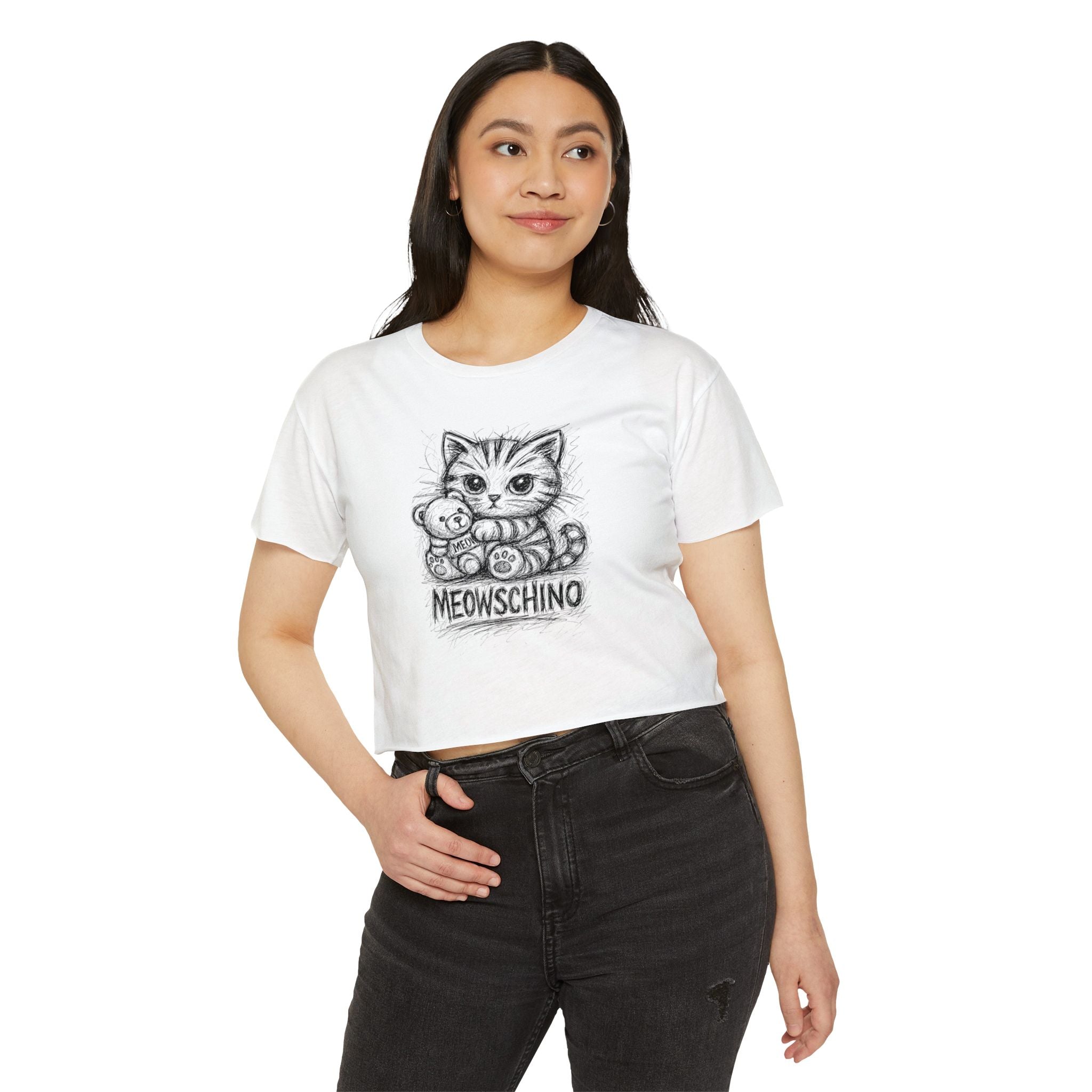 Meowschino Sketch Teddy Cat Women's Festival Crop Top in white, worn by a female model