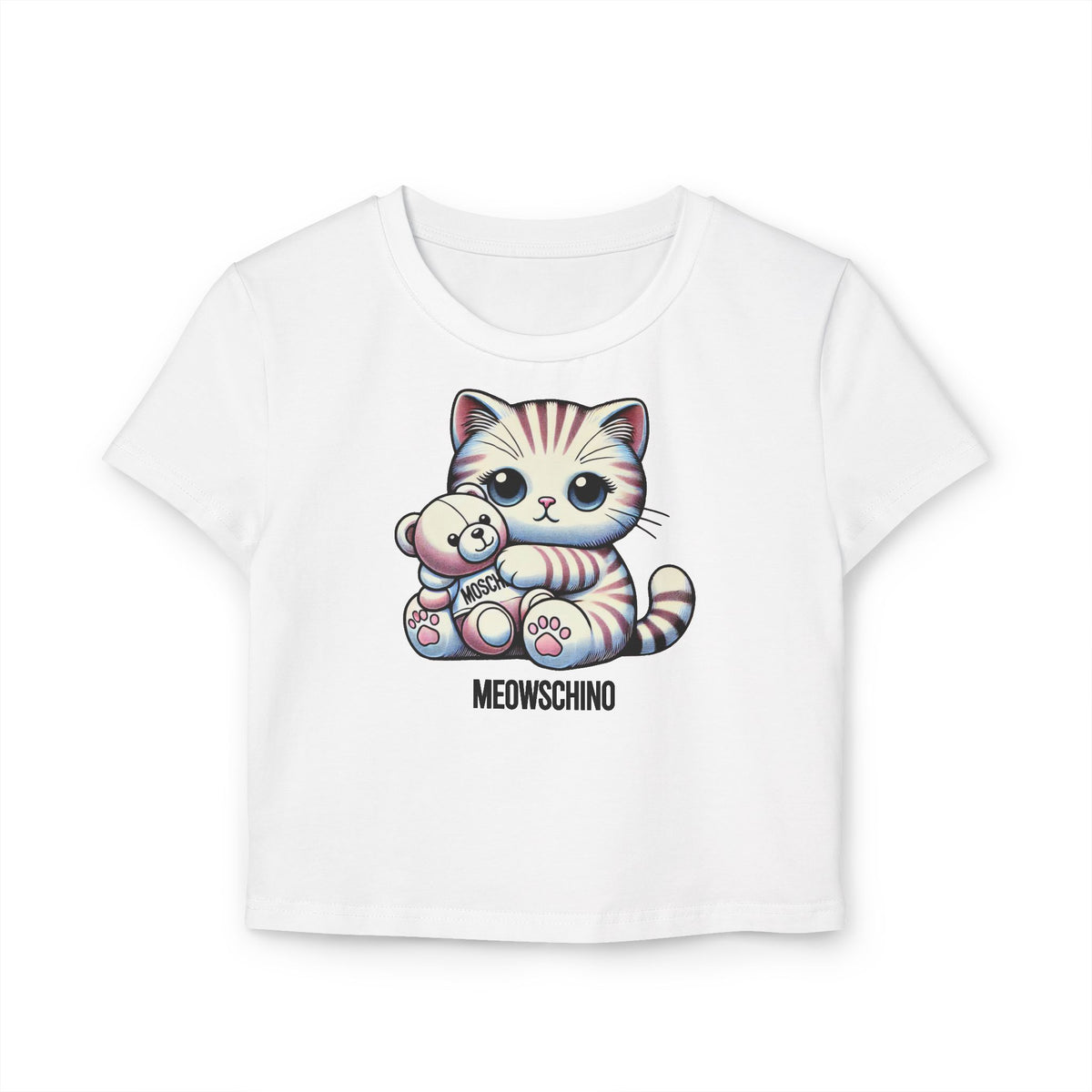Meowschino Teddy Hug Cat Graphic Women's Baby Tee in white, front view