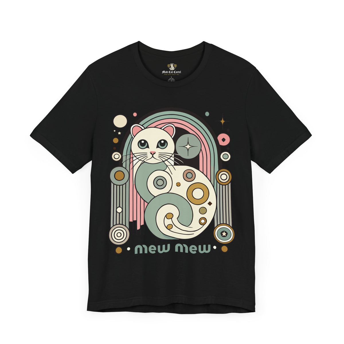 Mew Mew Cosmic Graphic Retro Cat Black T-Shirt, flat lay