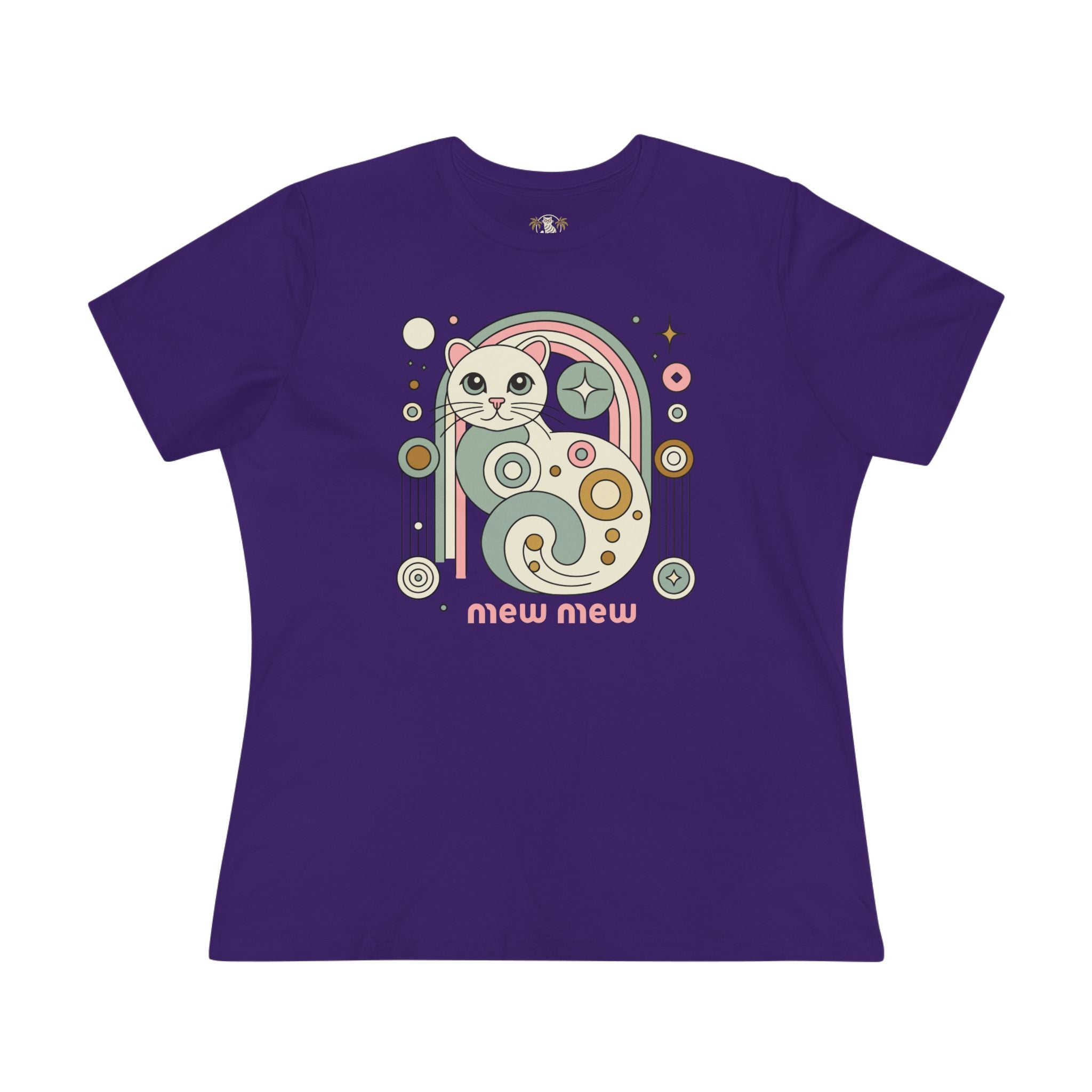 Mew Mew Cosmic Graphic Retro Cat Themed Women's T-Shirt in team purple, front view