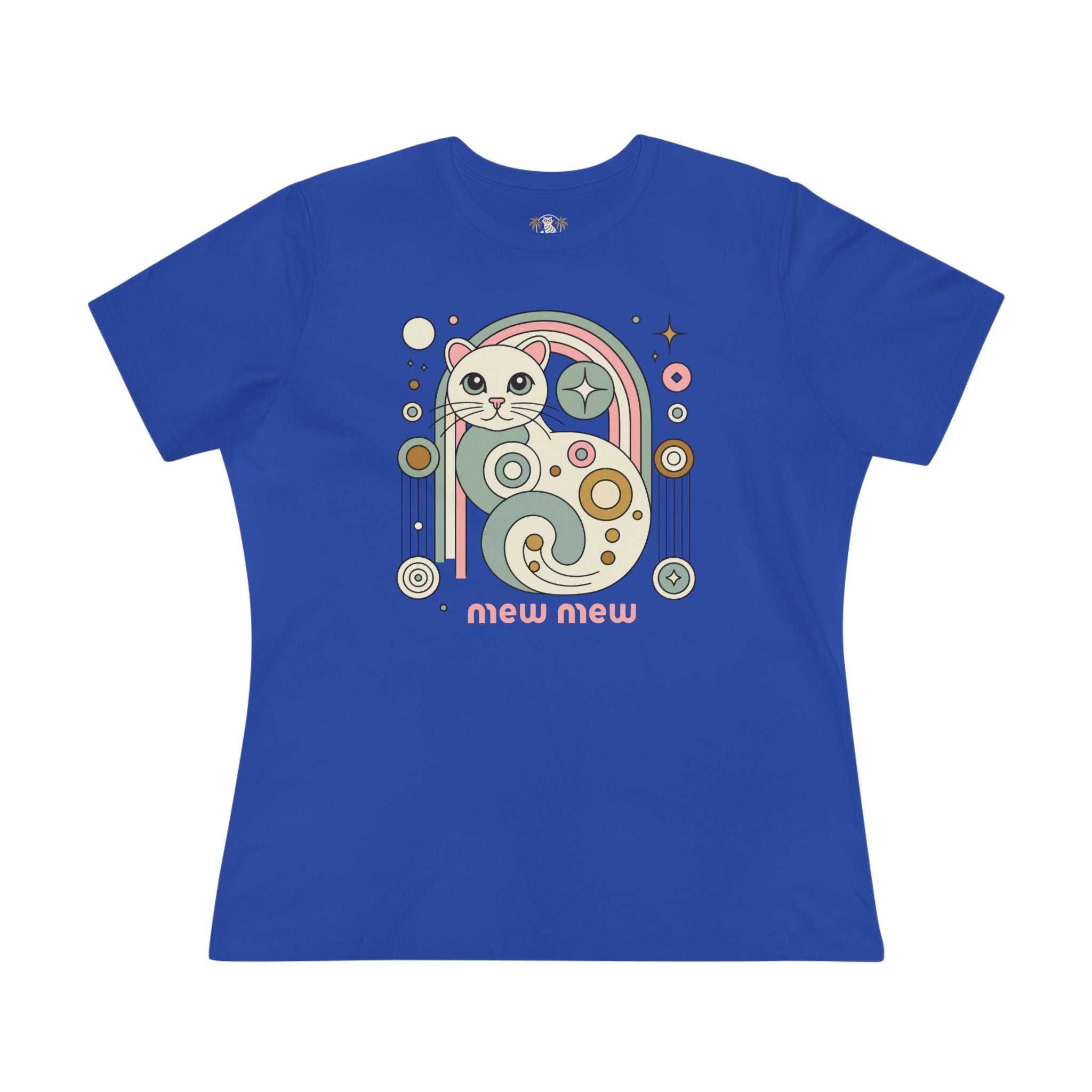 Mew Mew Cosmic Graphic Retro Cat Themed Women's T-Shirt in true royal, front view