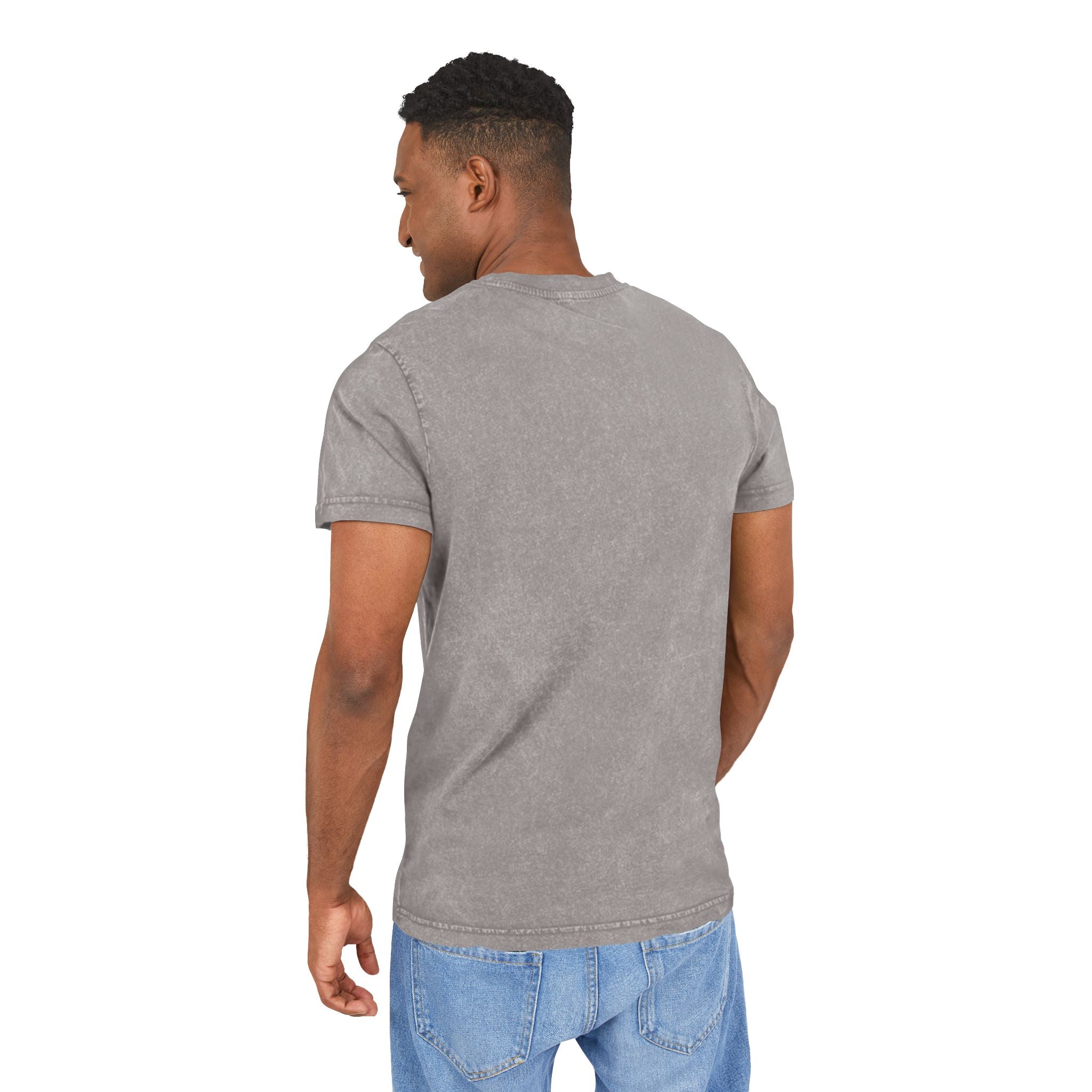 Mewcci Cat Pasta Sketch Graphic Acid Washed Tee in asphalt, back view on a male model