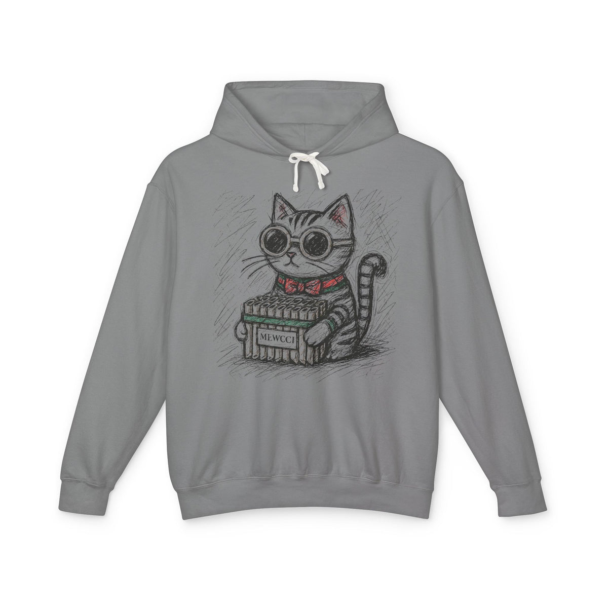 Mewcci Cat Pasta Sketch Graphic Gray Hoodie, front view
