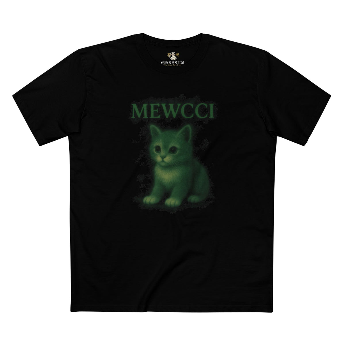 Mewcci Green Aura Kitty Print Graphic Black T-Shirt, front view
