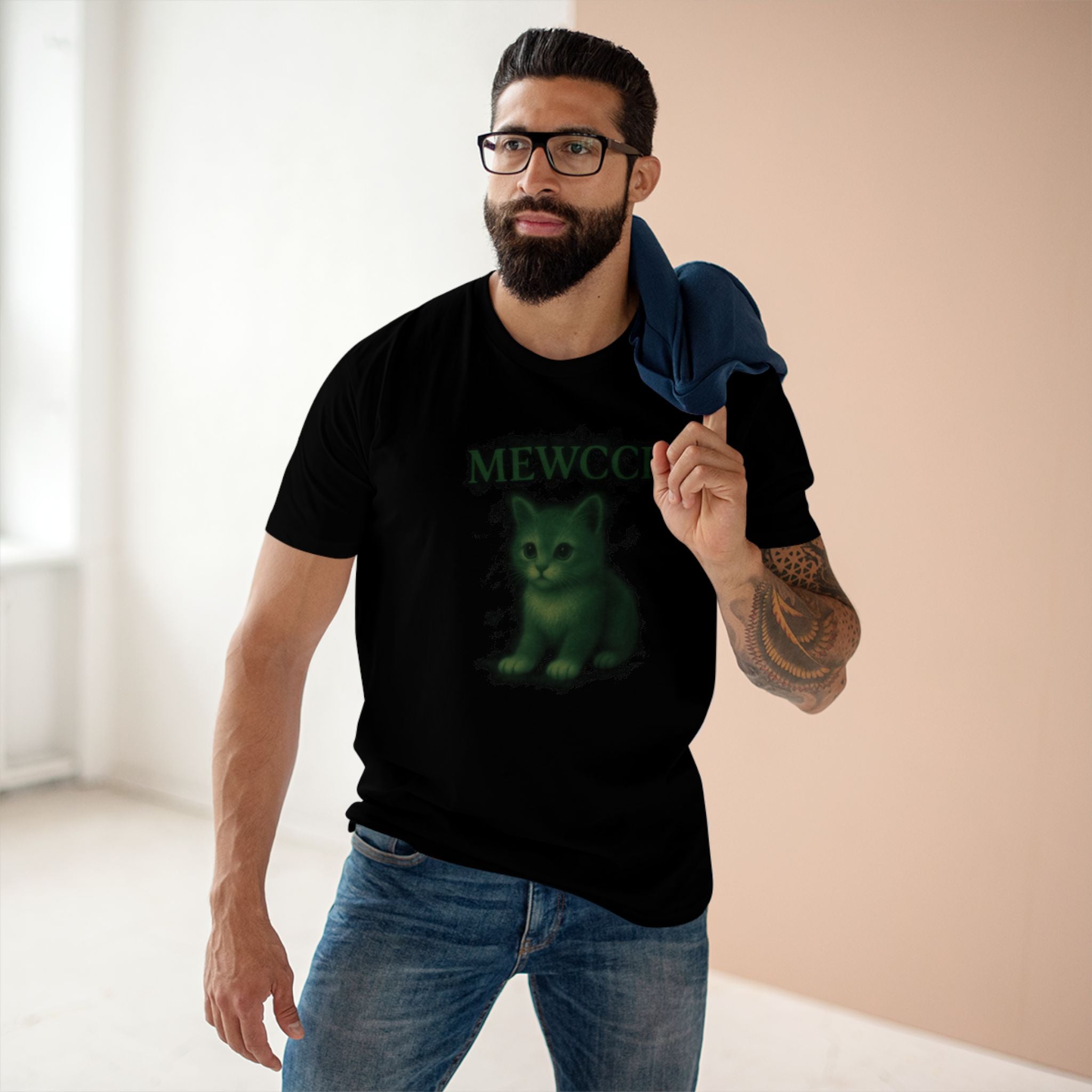 Mewcci Green Aura Kitty Print Graphic Black T-Shirt, worn by a model