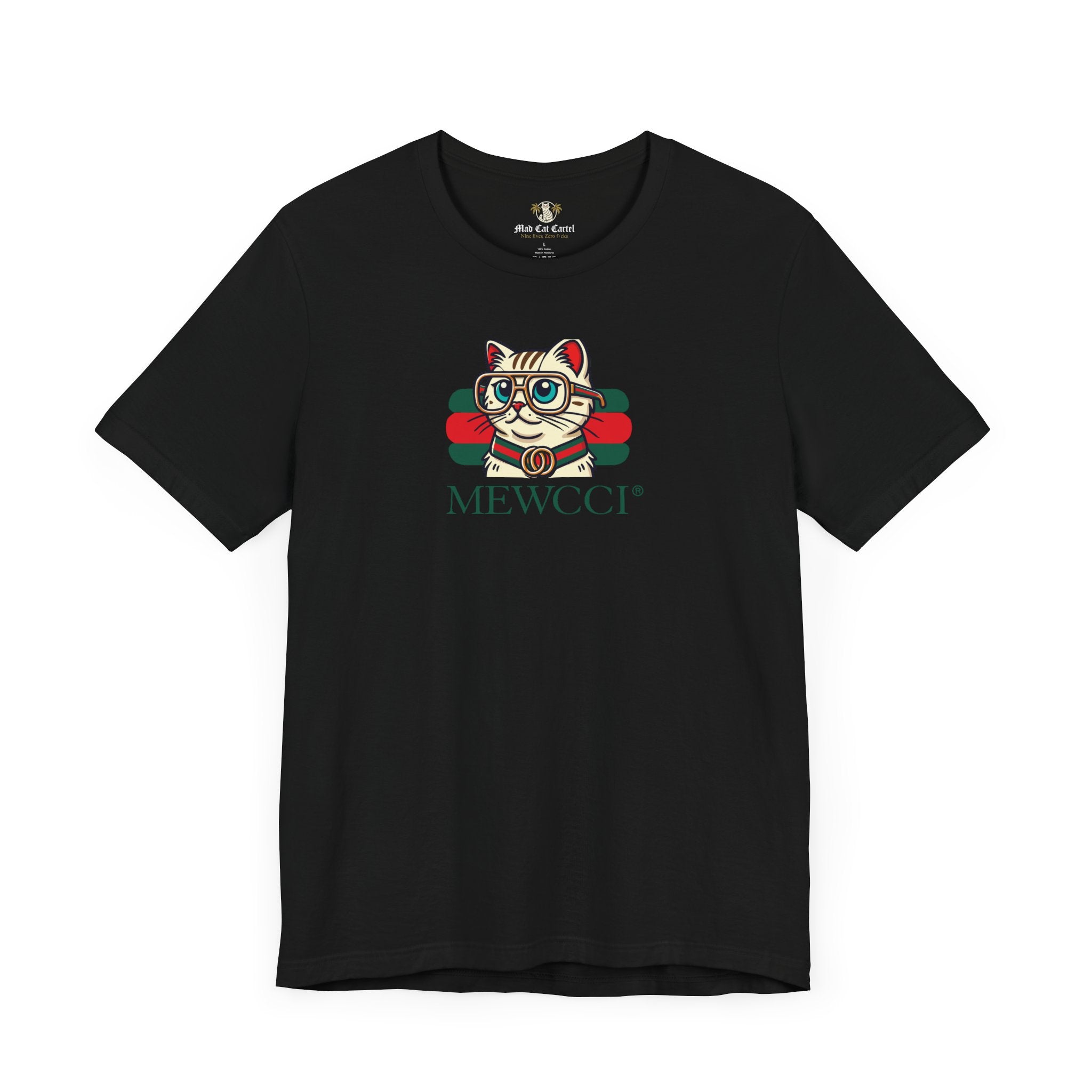 Mewcci Luxe Label Graphic Cat Graphic T-Shirt in black, front view