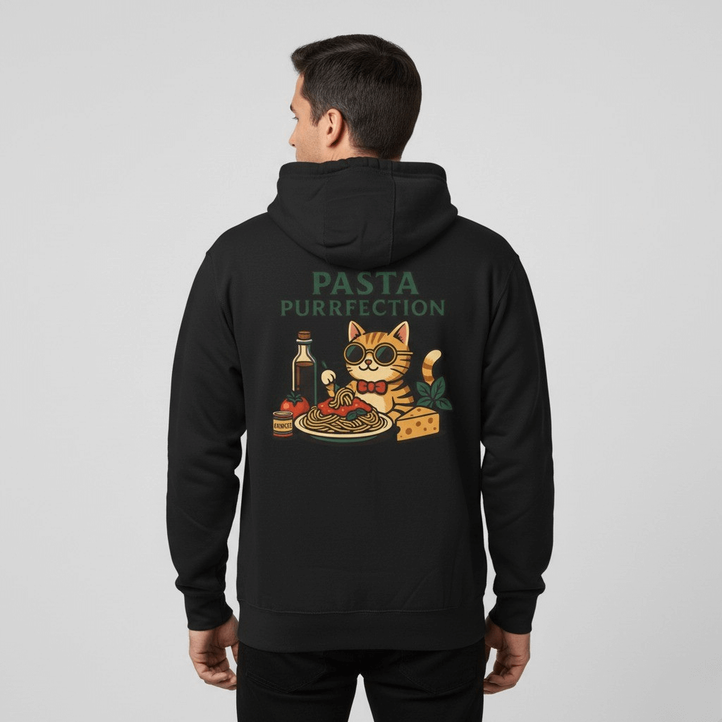 Mewcci Pasta Chef Cat Graphic Hoodie in black, back view on a male model