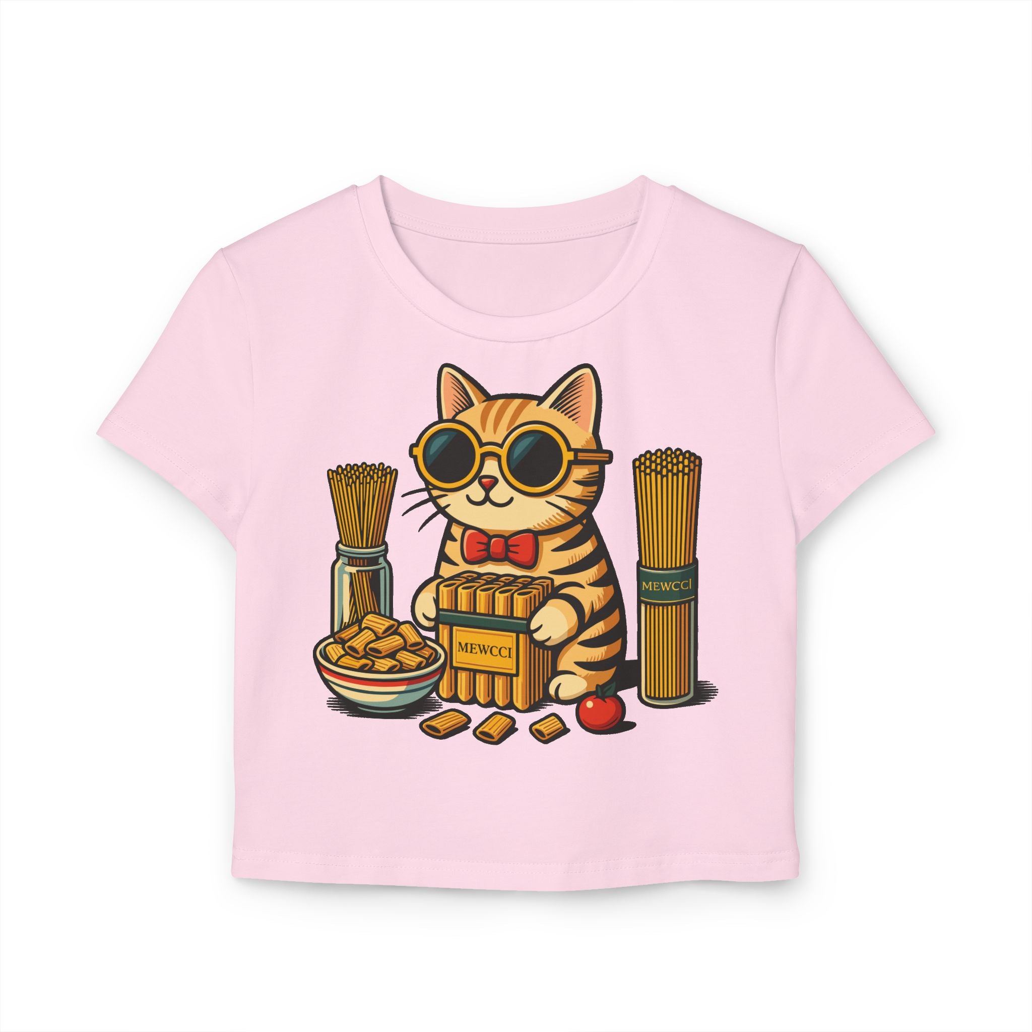 Mewcci Pasta Chef Cat Graphic Women's Baby Tee in light pink, front view