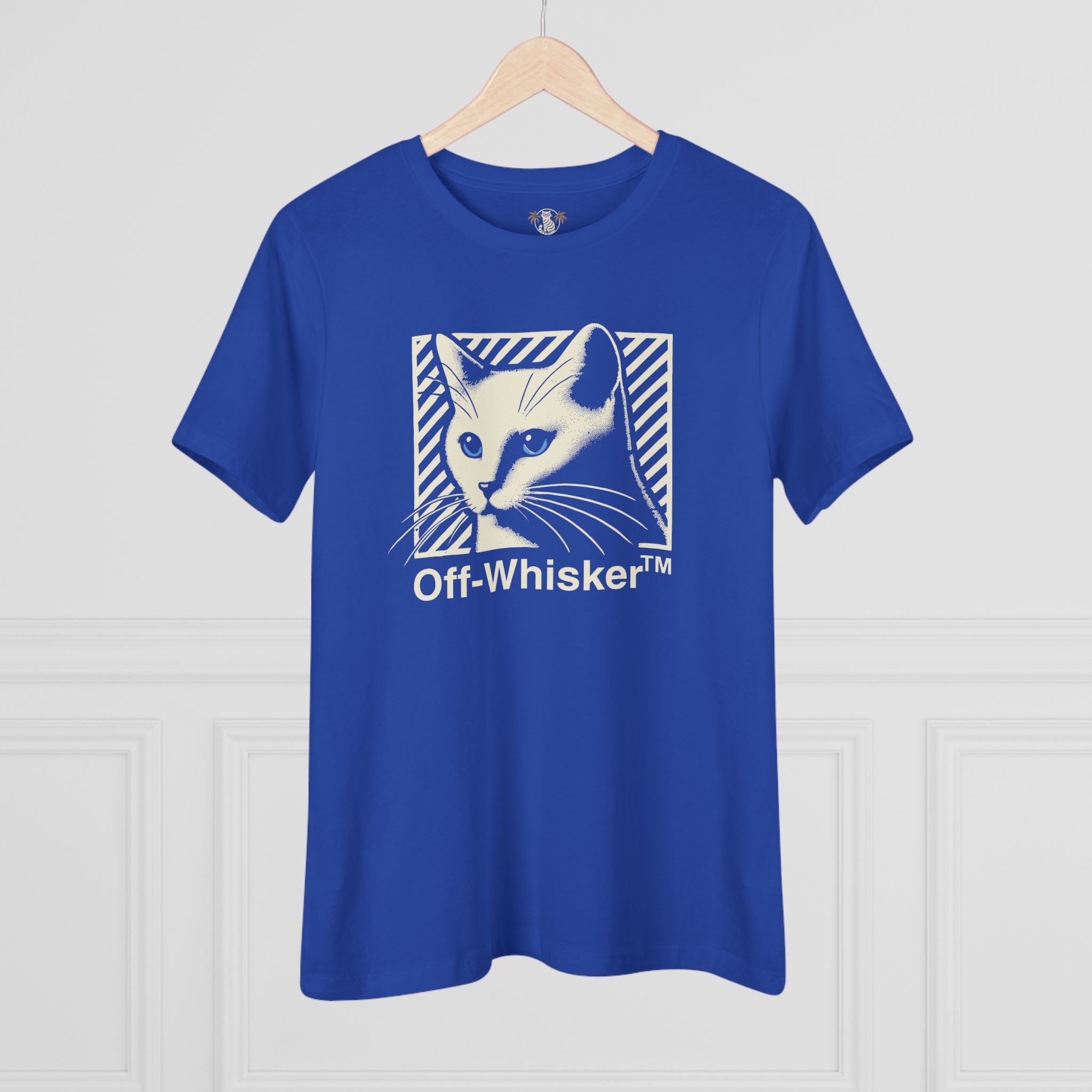Off-Whisker Blue-Eyed Cat Graphic Women's T-Shirt in true royal, on a hanger