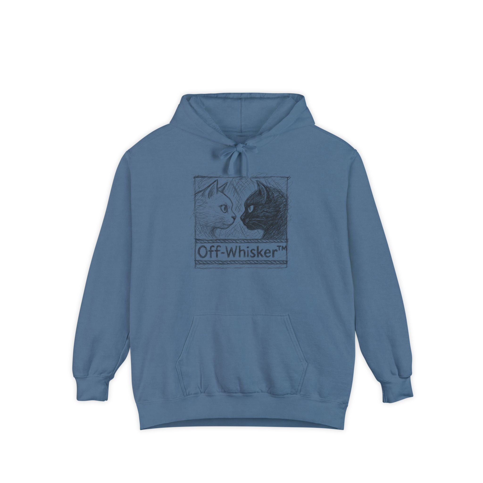 Off-Whisker Cat Knockout Sketch Graphic Hoodie in blue jean, front view