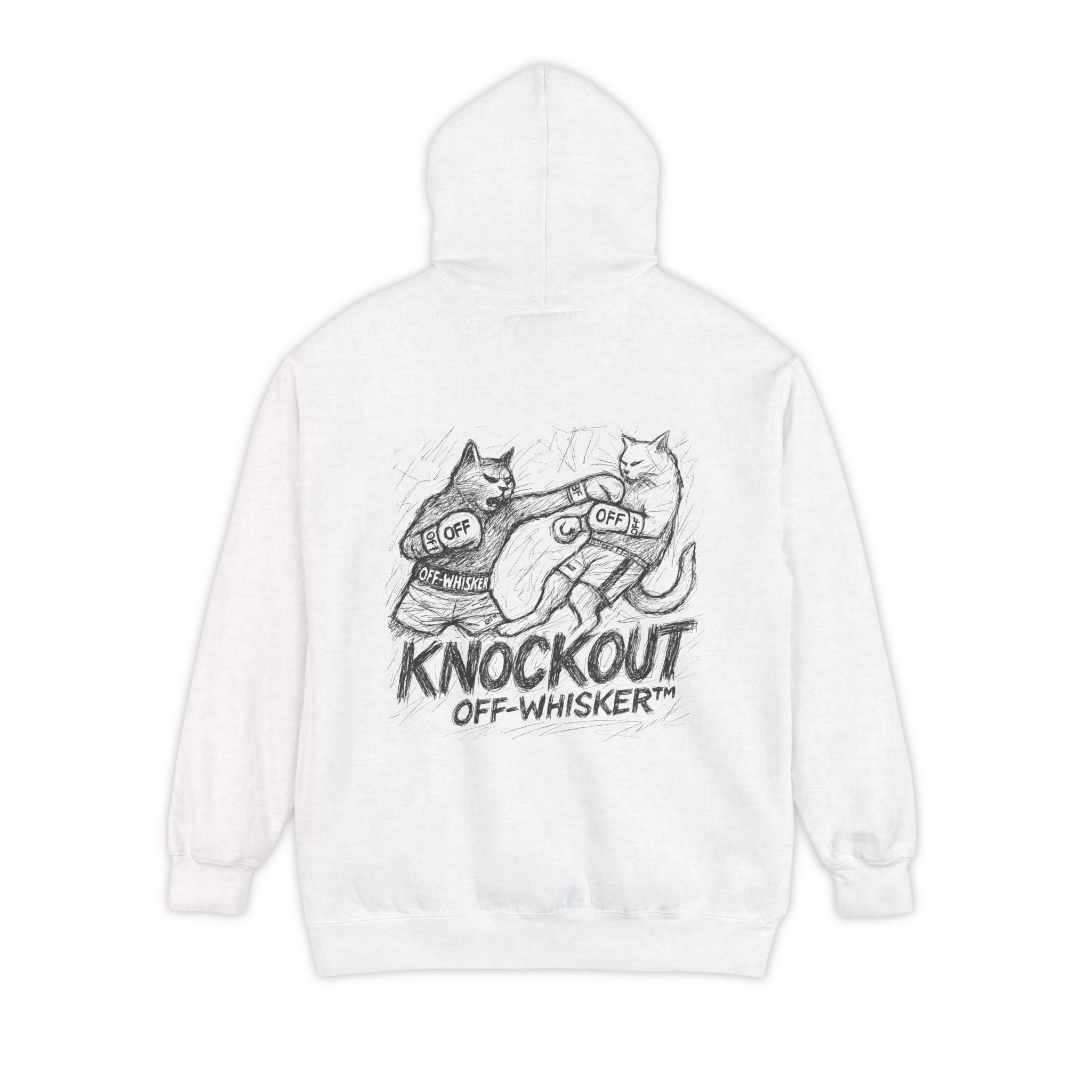 Off-Whisker Cat Knockout Sketch Graphic Hoodie in white, back view
