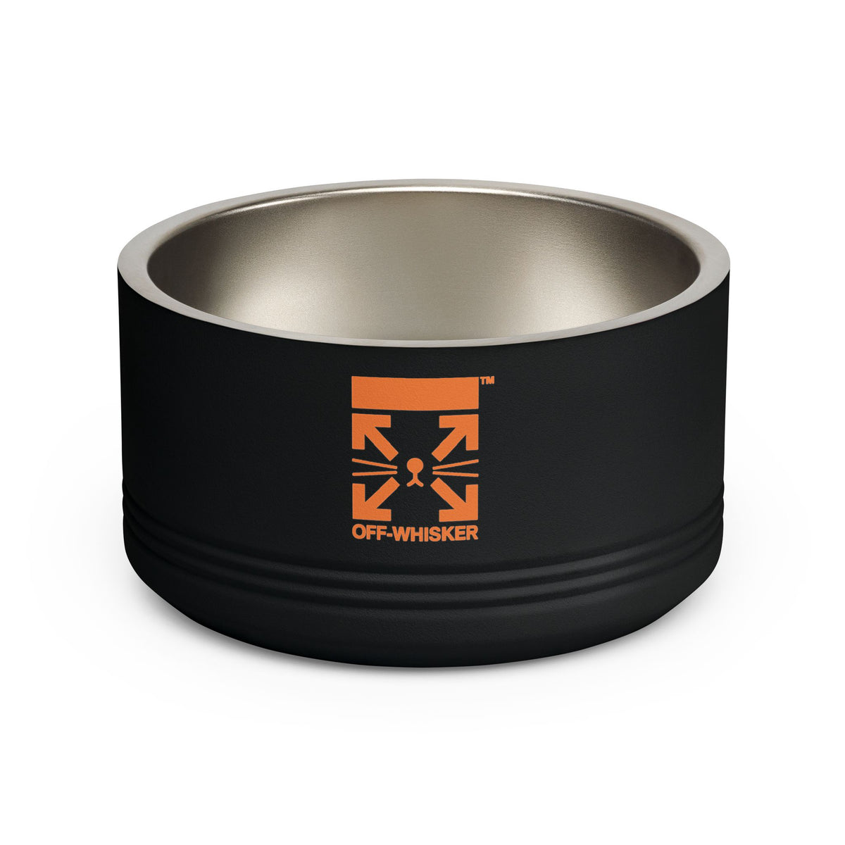 Off-Whisker Utility Feeder Designer Stainless Steel Cat Bowl in black, front view