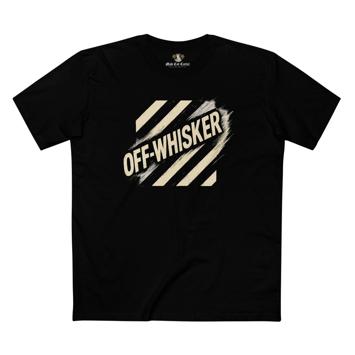 Off-Whisker Jump Mode Cat Graphic Black T-Shirt, front view