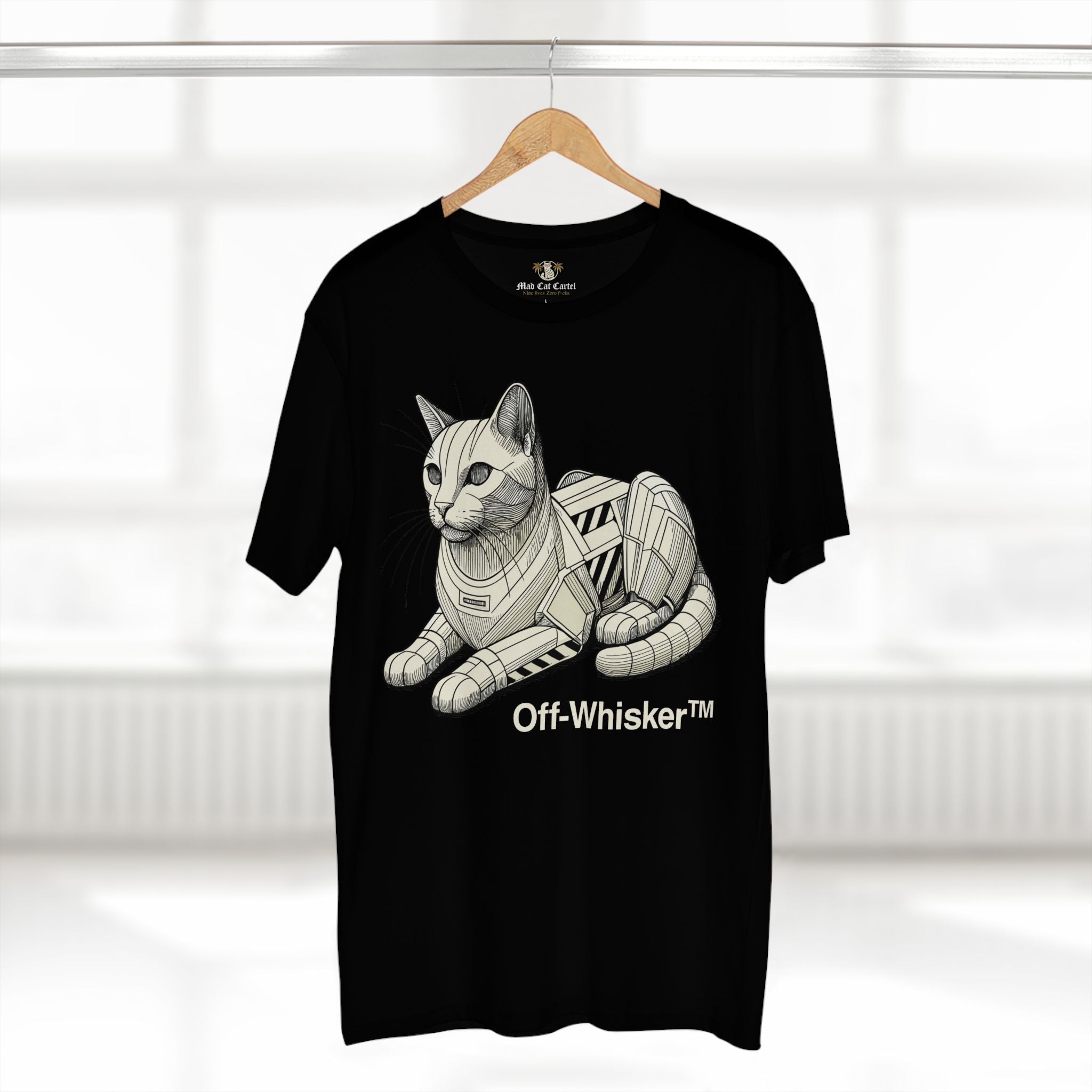 Off-Whisker Mecha Cat Unit Graphic T-Shirt in black, on a hanger
