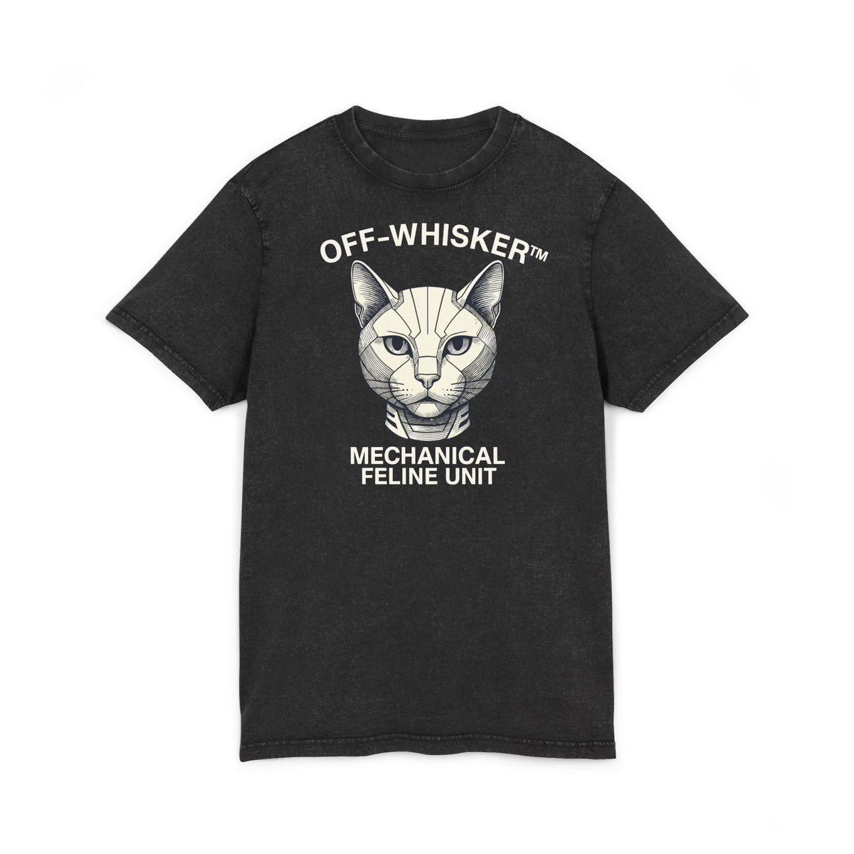 Off-Whisker Mechanical Feline Unit Cat Graphic Acid Washed T-Shirt in black, front view