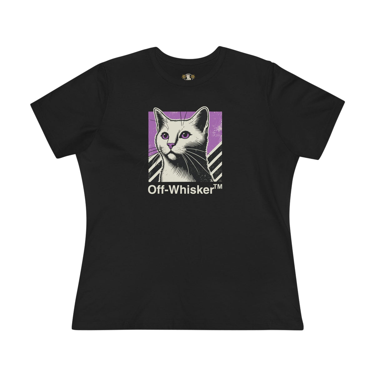 Off-Whisker Purple Vision Cat Graphic Women's T-Shirt in black, front view