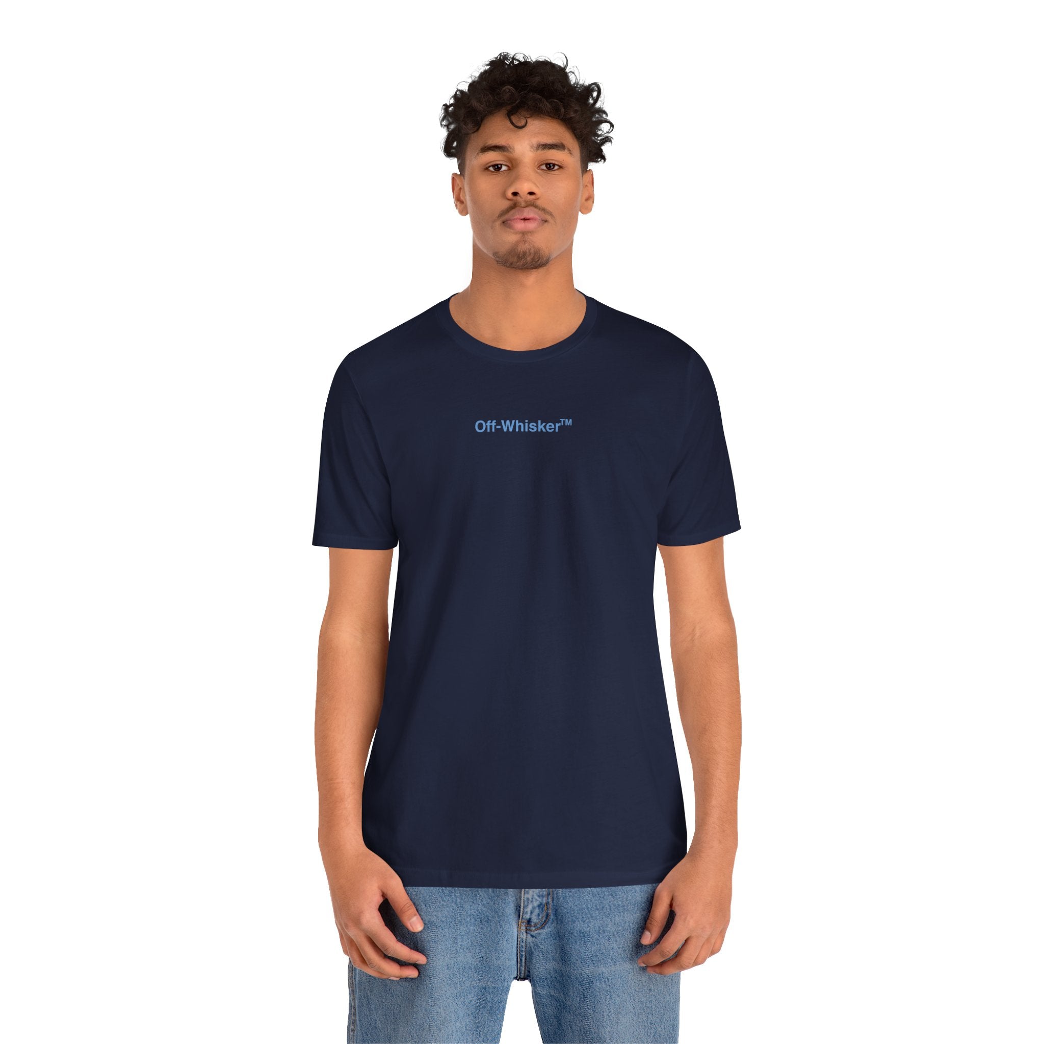 Off-Whisker Signature Frame Cat Graphic T-Shirt in navy, worn by a male model