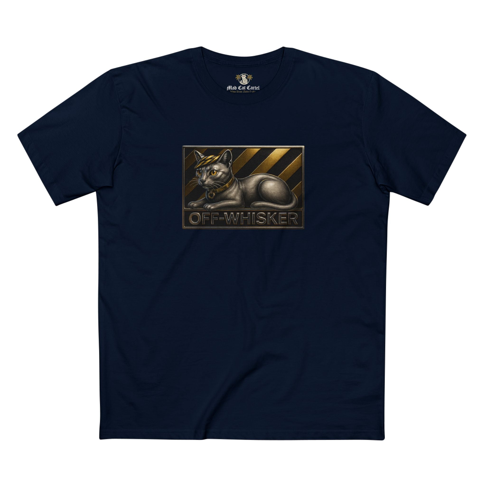 Off-Whisker Silver Cat Bronze Emblem Graphic T-Shirt in navy, front view