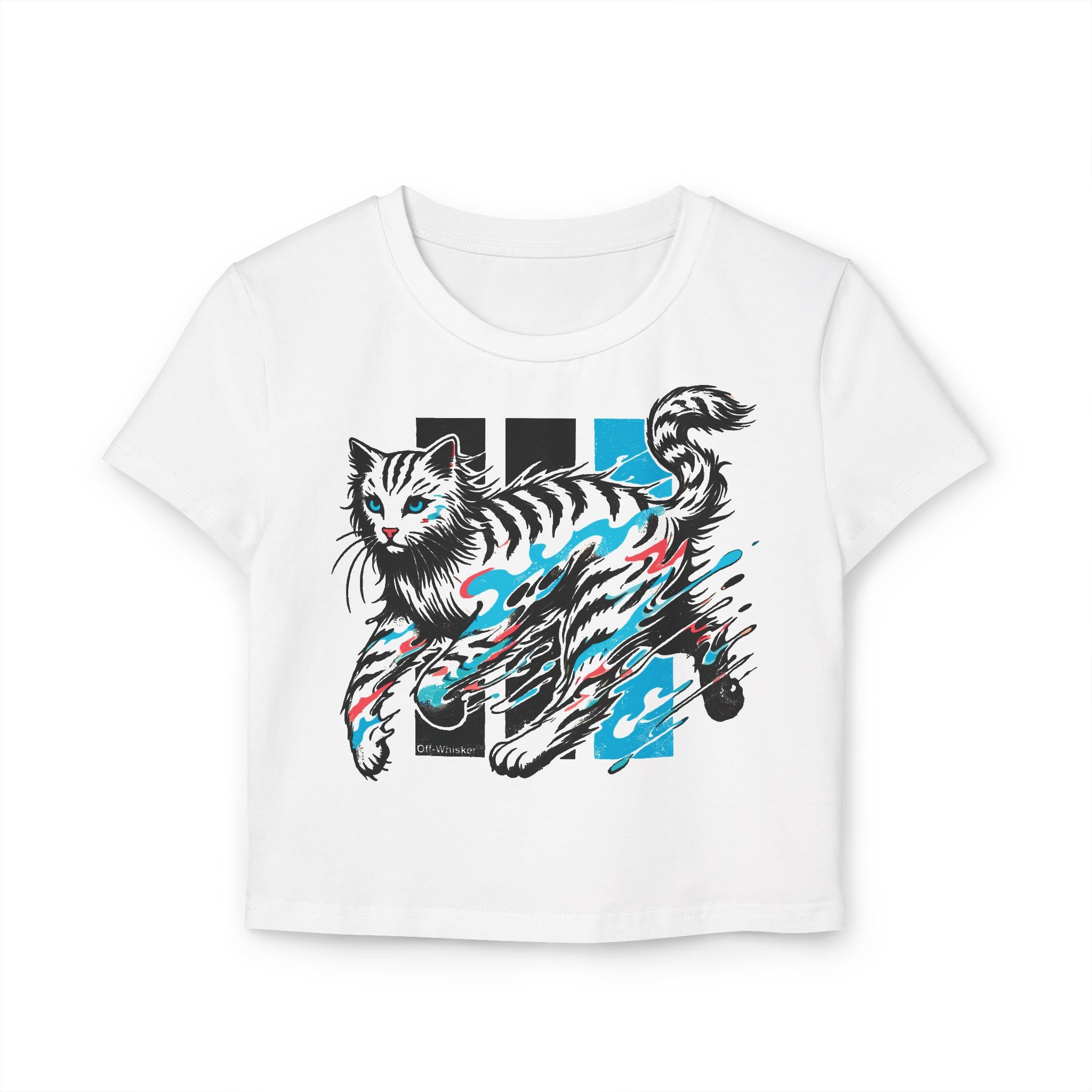 Off-Whisker Yokai Flame Cat Graphic Women's Baby Tee in white, front view