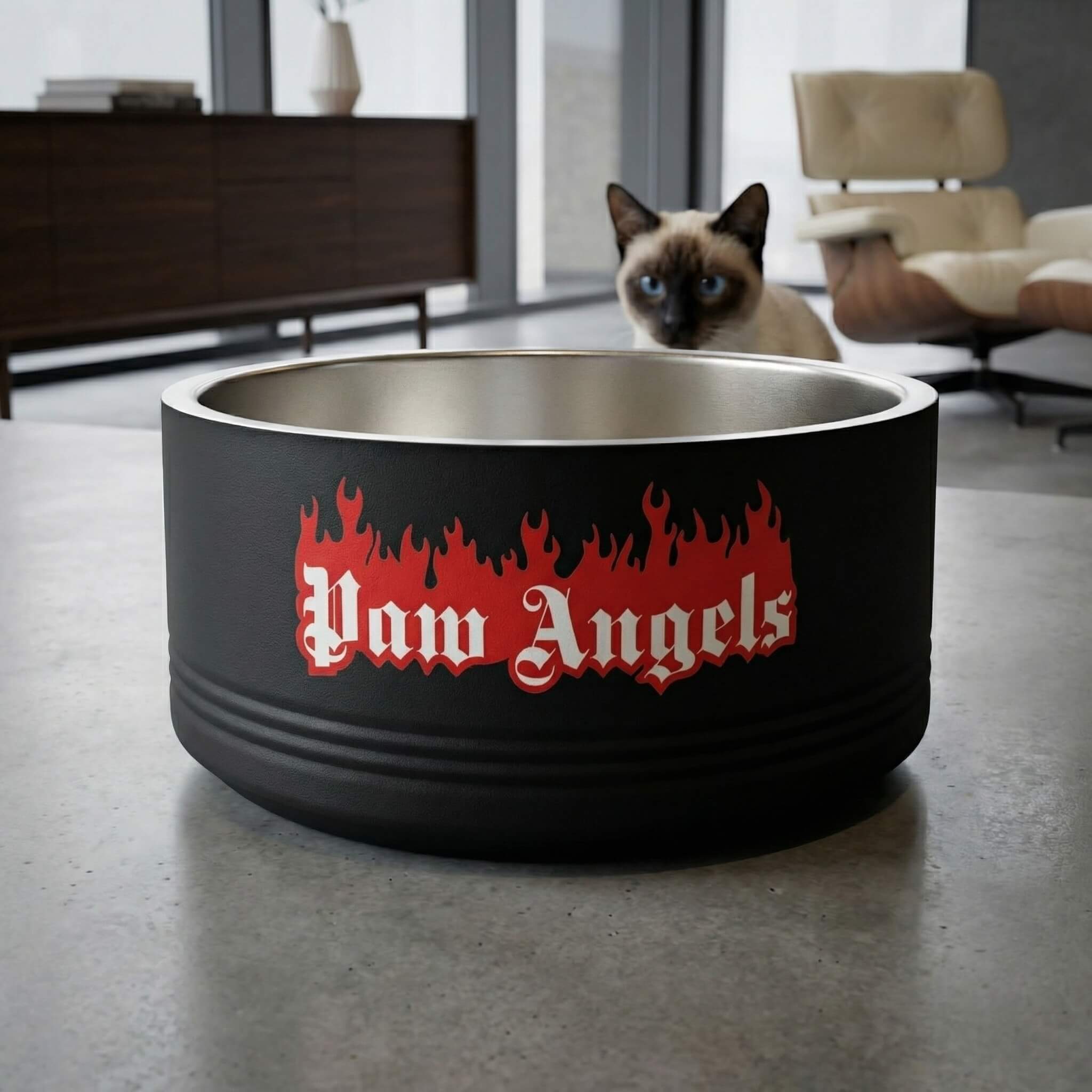Paw Angels Flame Logo Designer Stainless Steel Cat Bowl in black, with a cat