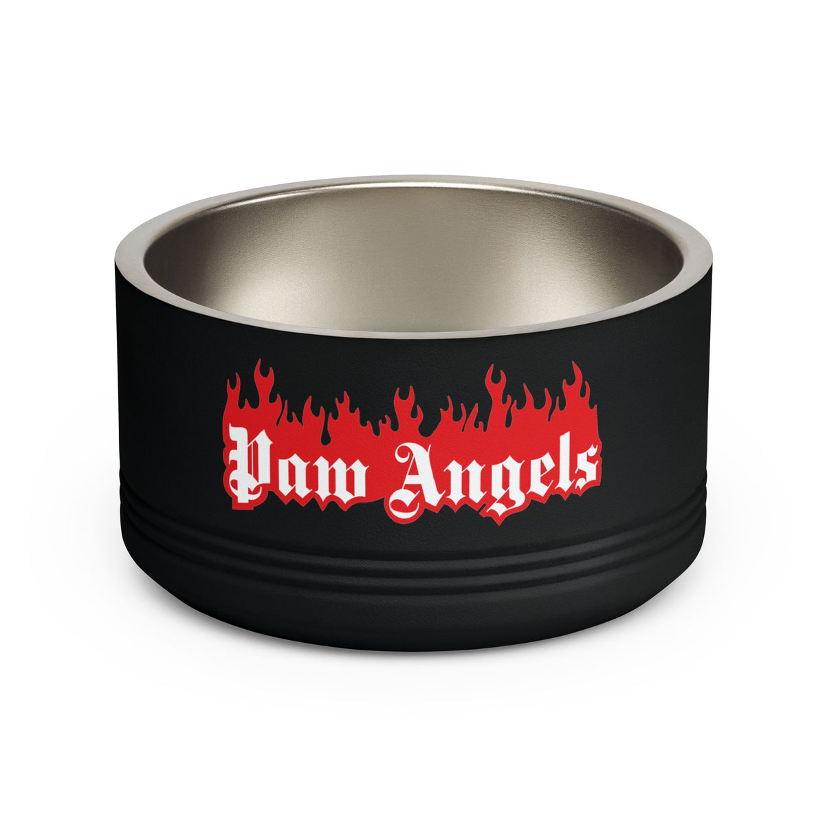 Paw Angels Flame Logo Designer Stainless Steel Cat Bowl in black, front view
