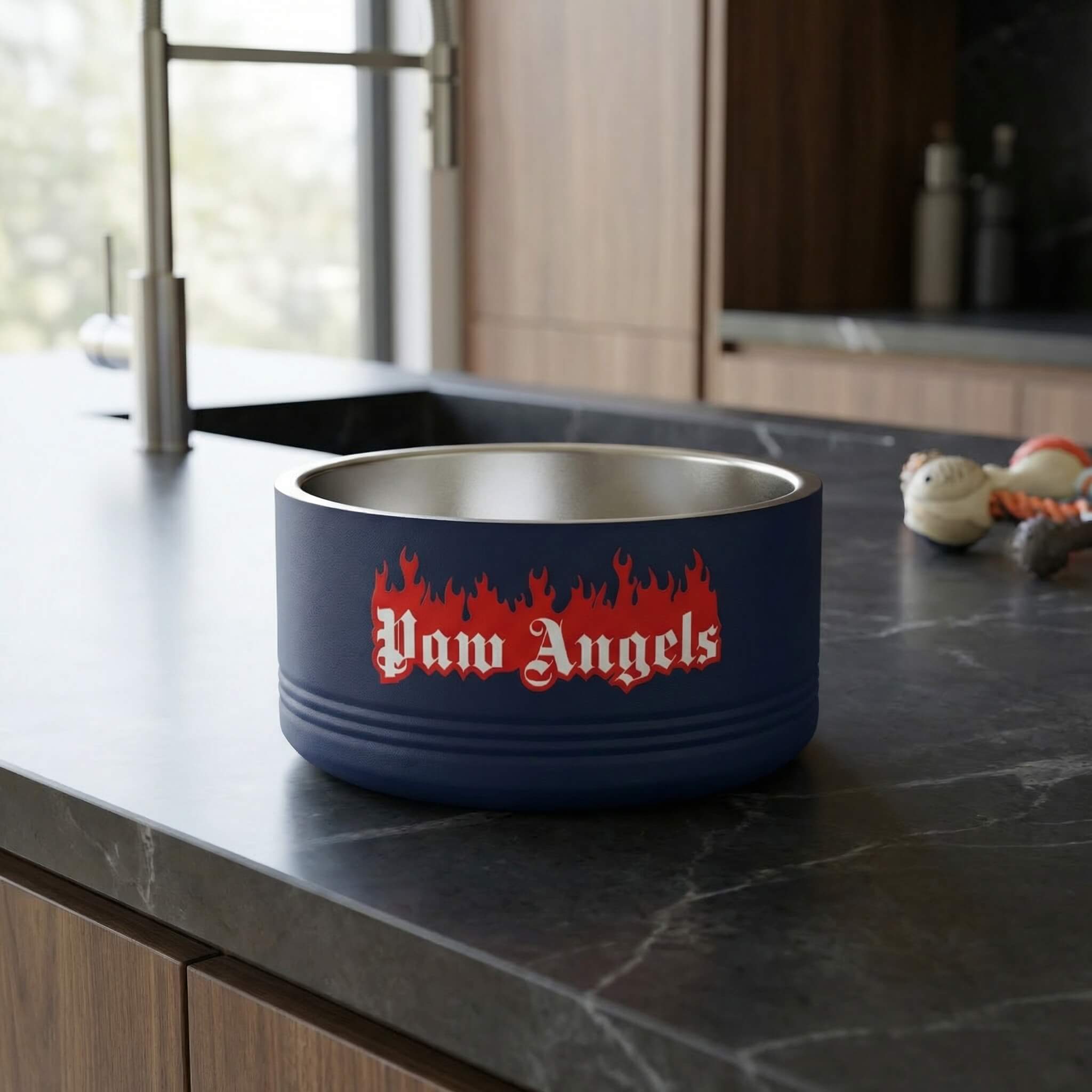 Paw Angels Flame Logo Designer Stainless Steel Cat Bowl in navy, with a cat