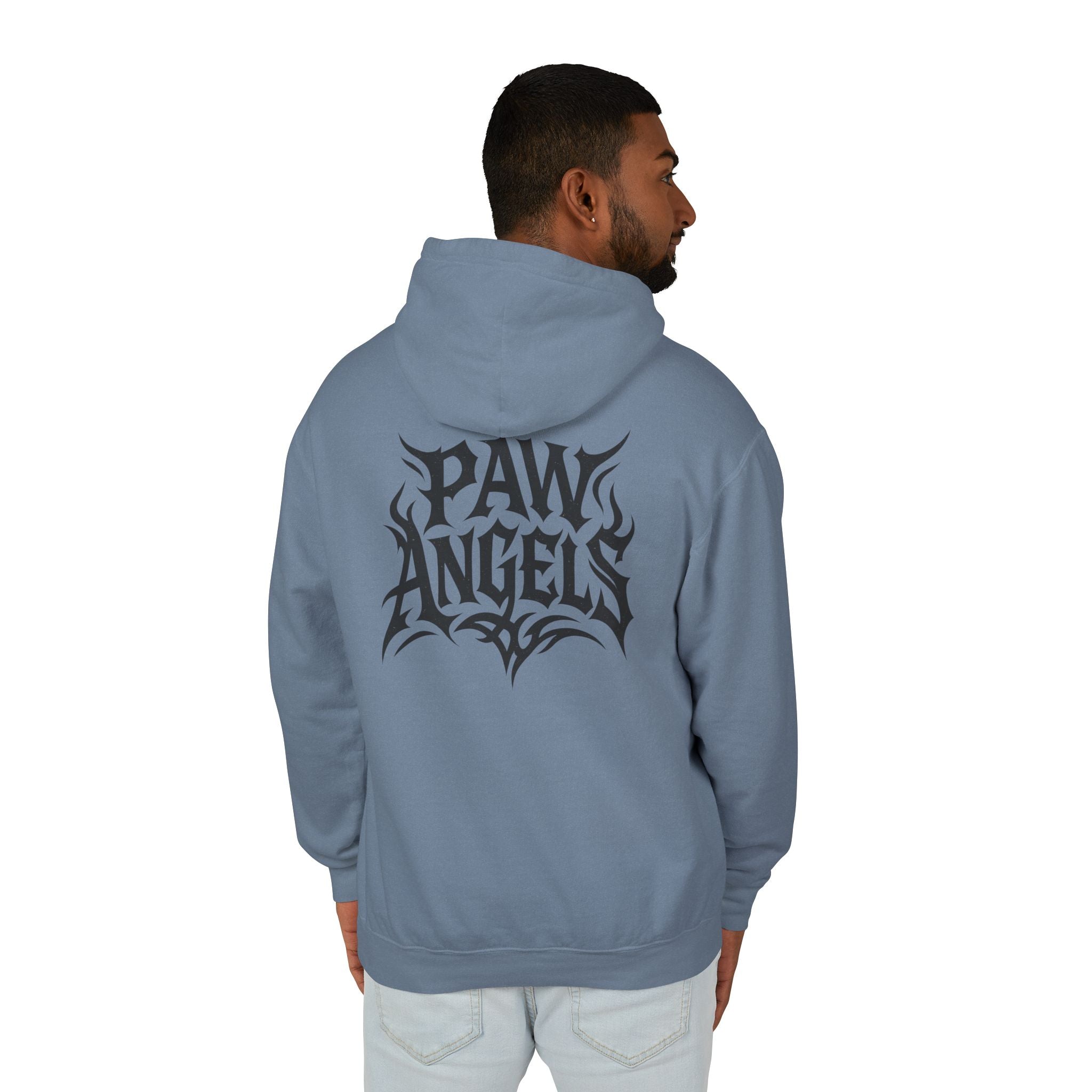 Paw Angels Rebel Angel Cat Graphic Hoodie in blue jean, back view on a male model