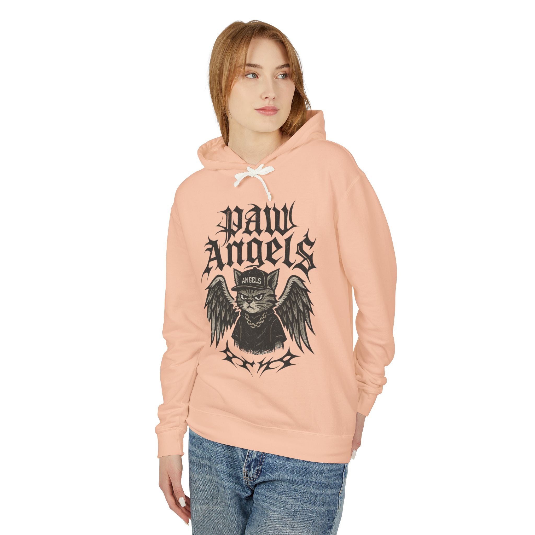 Paw Angels Rebel Angel Cat Graphic Hoodie in peachy, worn by a female model