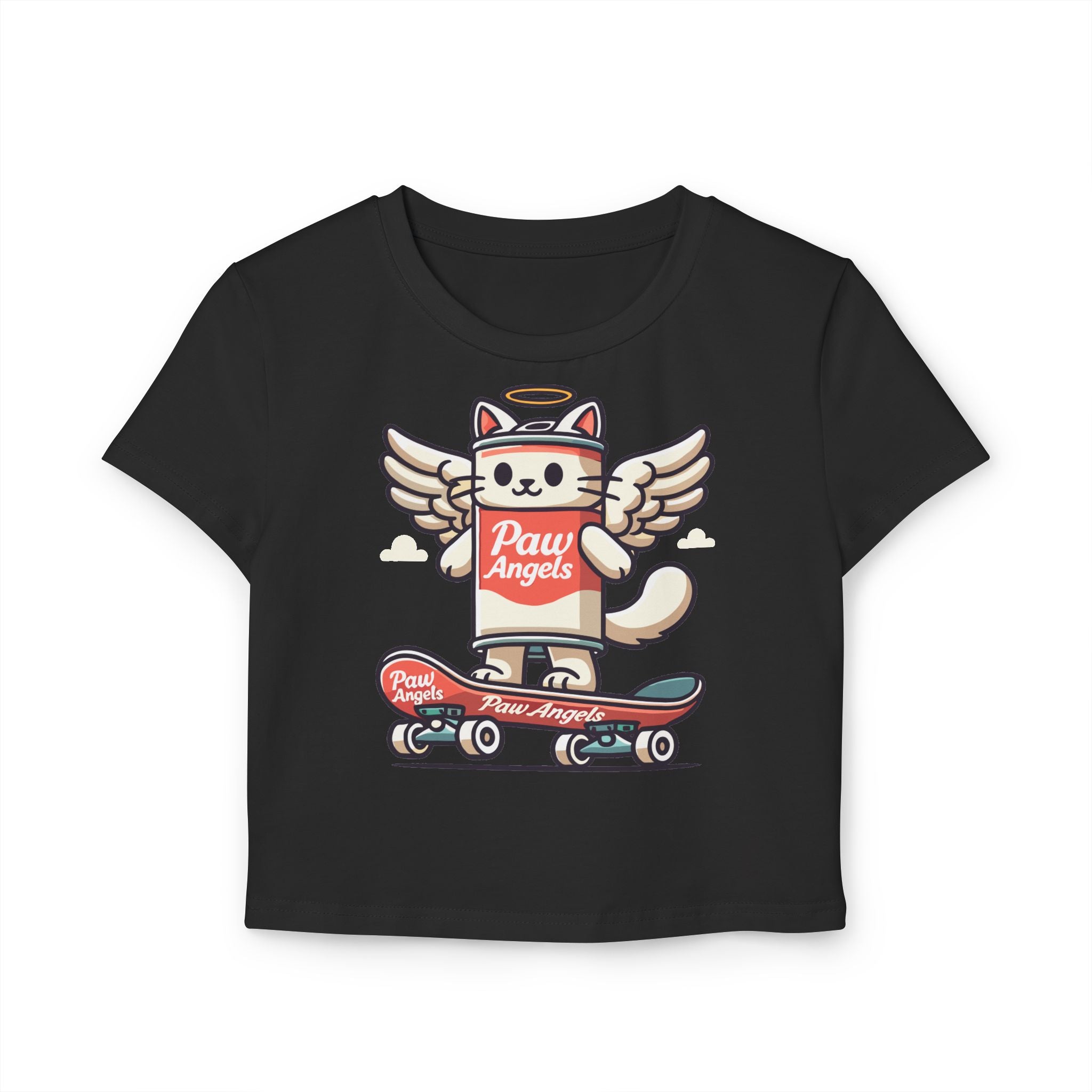 Paw Angels Spray Cat Graphic Women's Baby Tee in black, flat lay