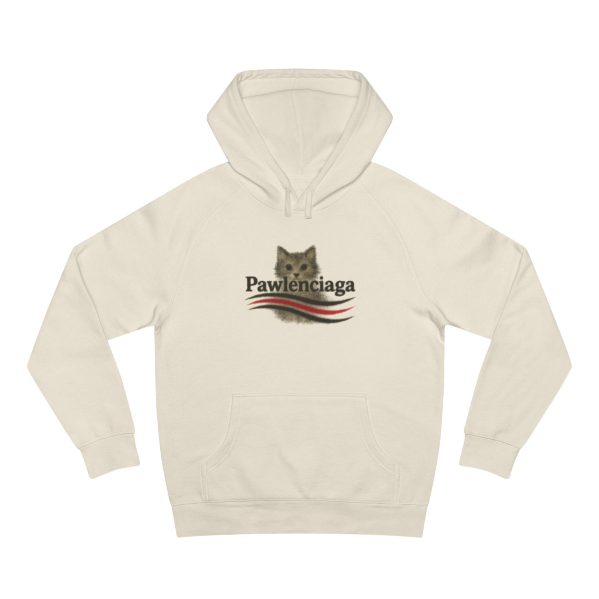 Pawlenciaga Airbrush Cat Designer Parody Logo Ecru Hoodie, flat lay
