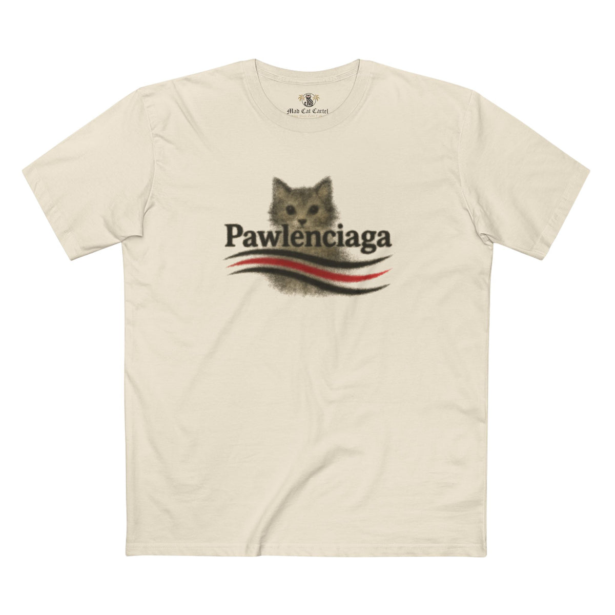 Pawlenciaga Airbrush Cat Parody Designer Logo T-Shirt in natural, front view