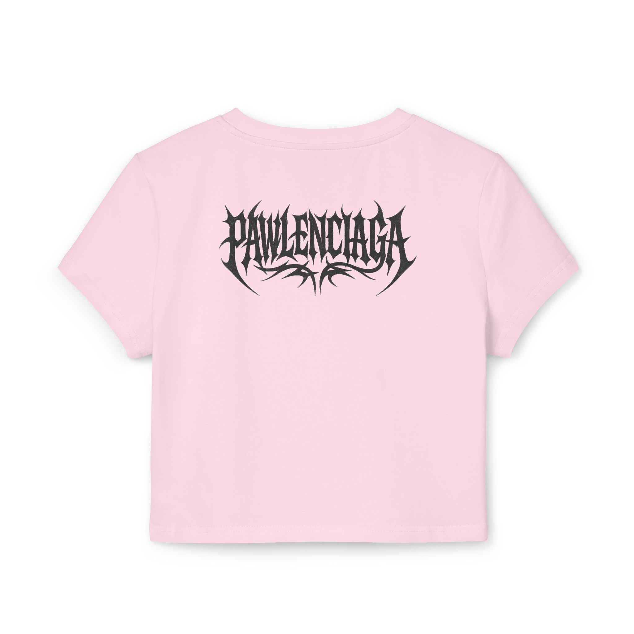 Pawlenciaga Apocalypse Cat Graphic Women's Baby Tee in light pink, back view