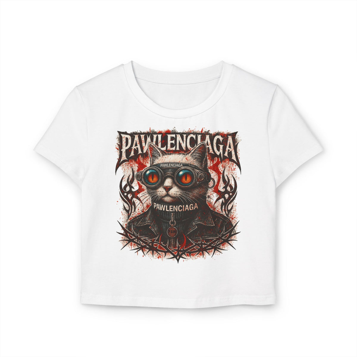 Pawlenciaga Apocalypse Cat Graphic Women's Baby Tee in white, front view
