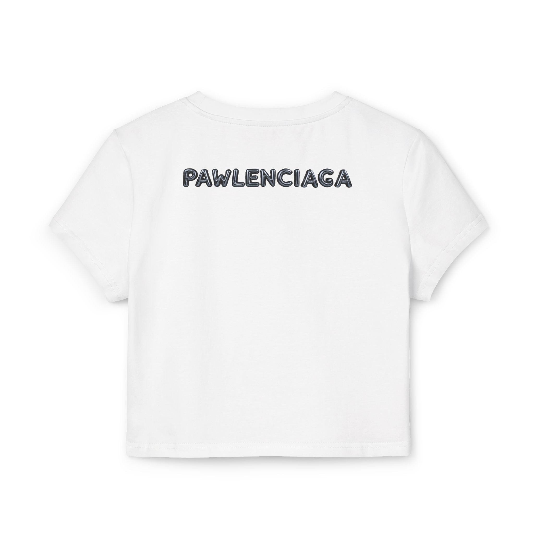Pawlenciaga Cat Balloon Graphic Women's Baby Tee in white, back view