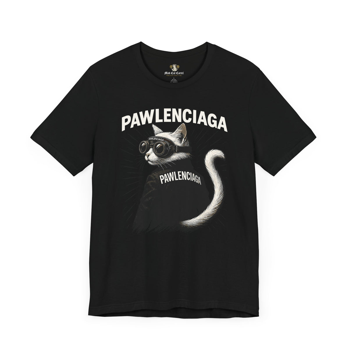Pawlenciaga Cat With Goggles Back Pose Graphic T-Shirt in black, front view