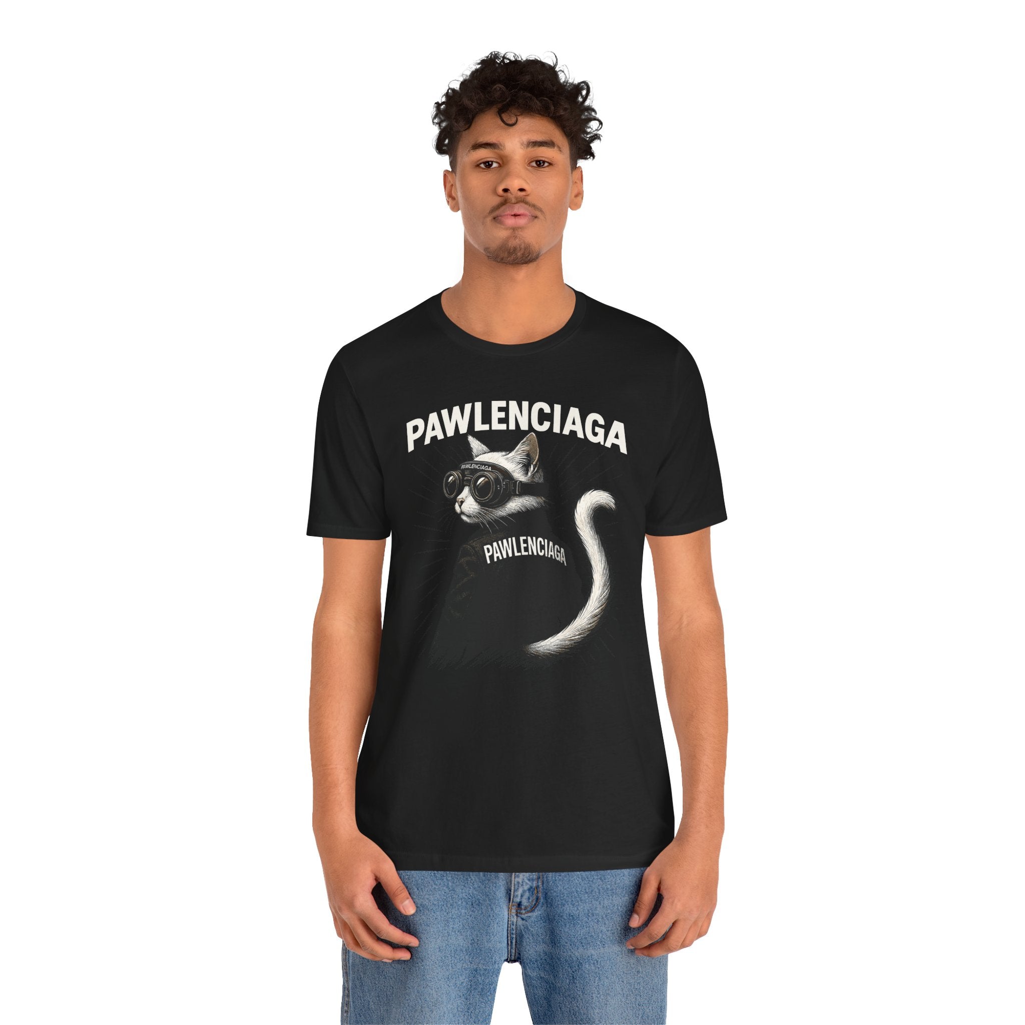 Pawlenciaga Cat With Goggles Back Pose Graphic T-Shirt in black, worn by a model