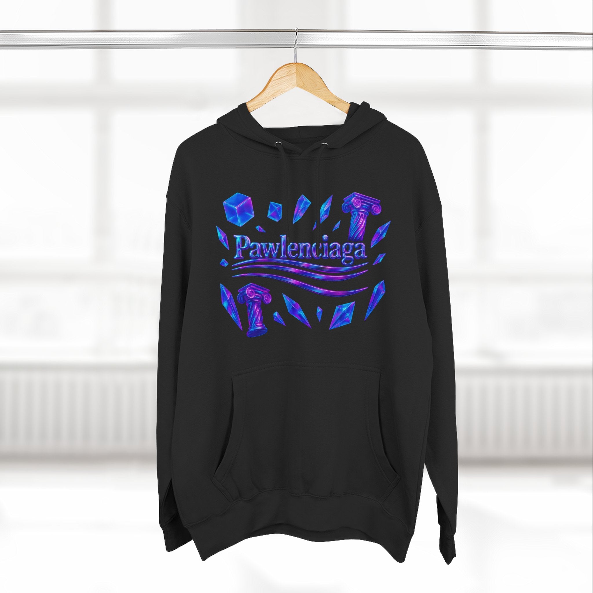 Pawlenciaga Crystal Empire Cat Graphic Black Hoodie, on a hanger